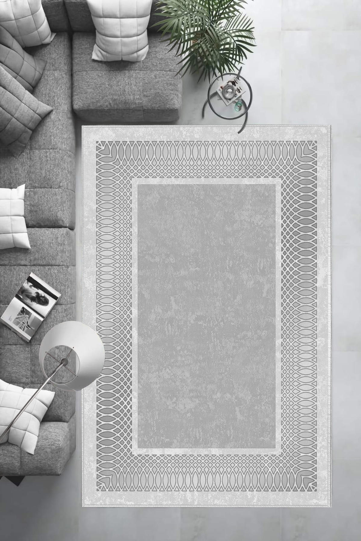 Aldora Bej-Gri 0.8 mm Polipropilen Yıkanabilir Orta Kaymaz Deri Taban Dikdörtgen Makine Dokuma Salon Halısı 100x200 cm