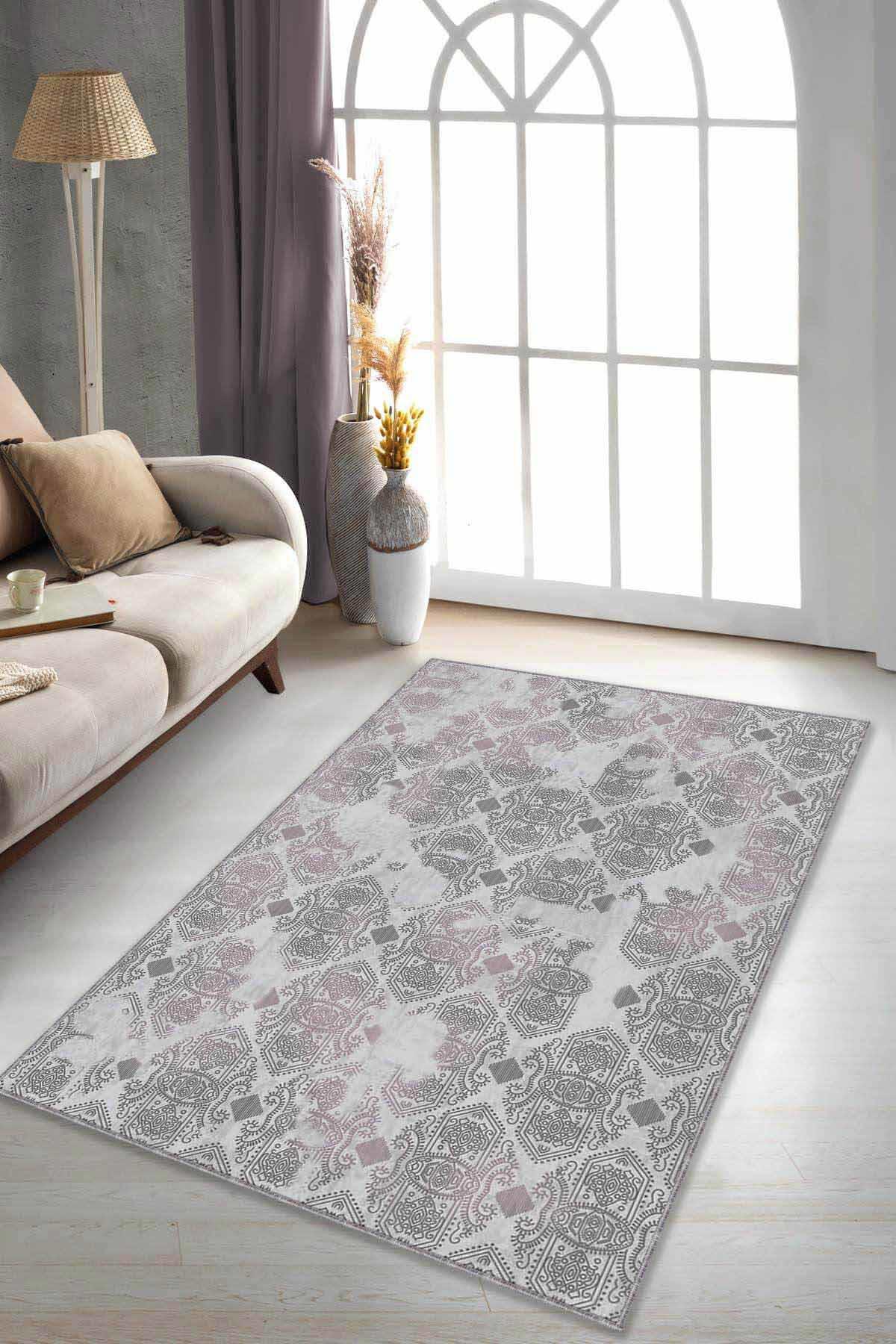 Viva Home AL004 Pembe 7 mm Mikropolyester Leke Tutmaz Yıkanabilir İnce Kaymaz Dot Taban Dikdörtgen Makine Dokuma Salon Halısı 80x150 cm