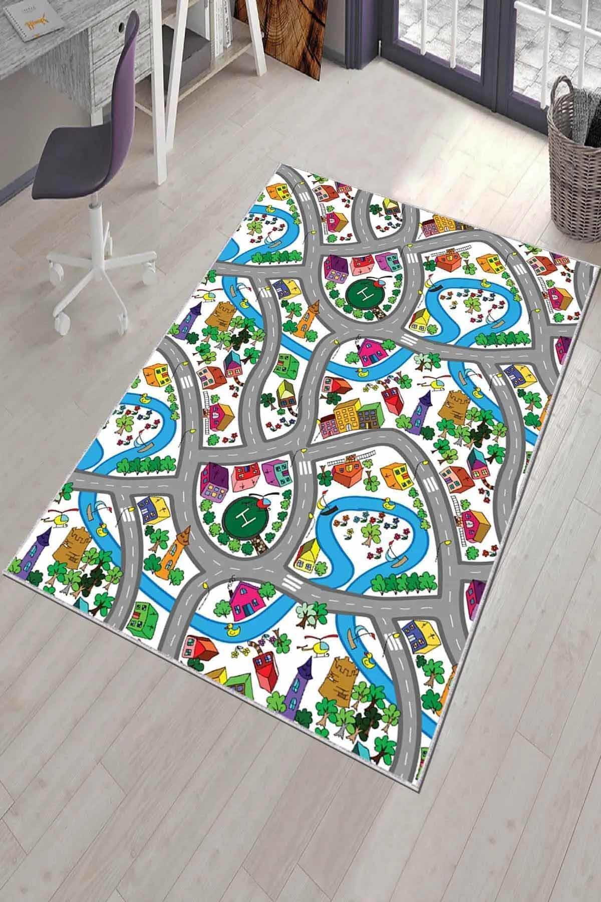 Viva Home KD068 Çok Renkli 7 mm Mikropolyester Leke Tutmaz Yıkanabilir Orta Kaymaz Dot Taban Dikdörtgen Makine Dokuma Çocuk Odası Halısı 160x230 cm