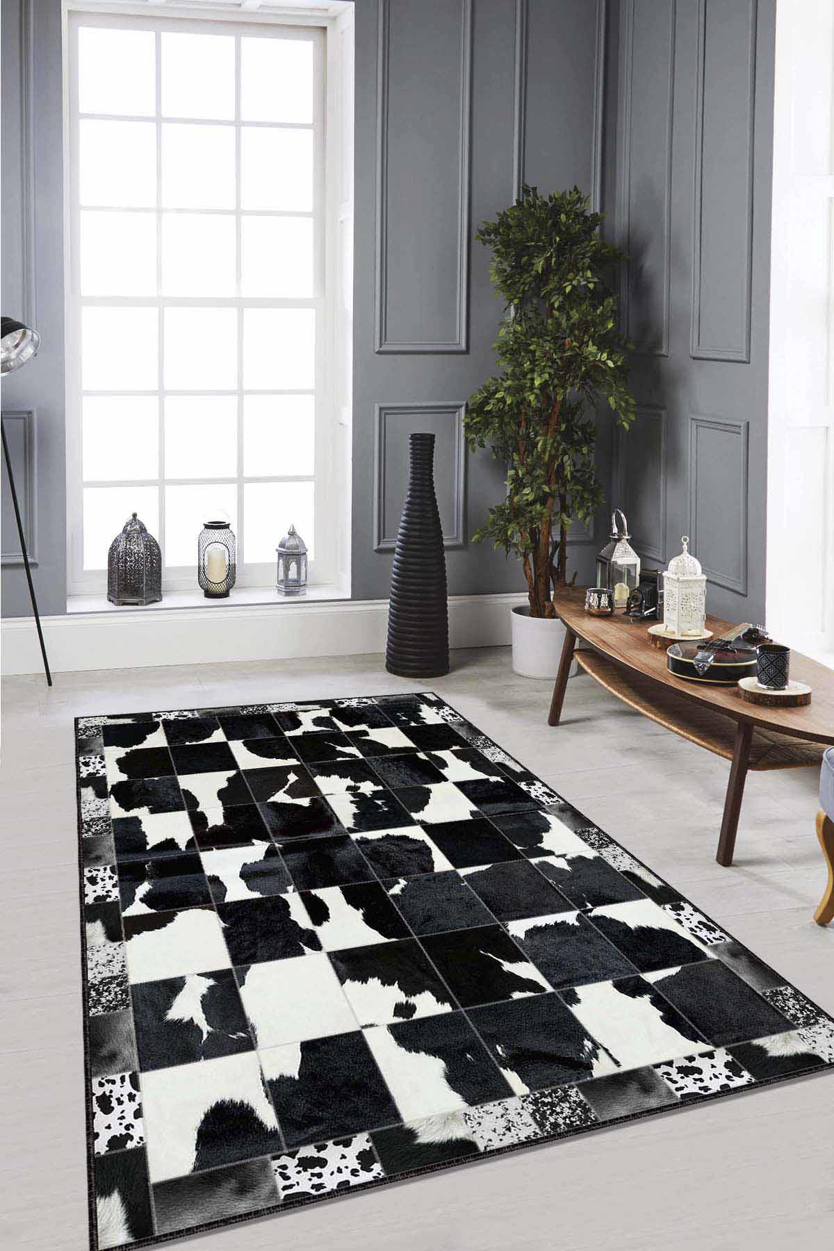 Viva Home RV247 Siyah 7 mm Mikropolyester Antibakteriyel Yıkanabilir Kalın Kaymaz Lateks Taban Dikdörtgen Makine Dokuma Salon Halısı 100x200 cm