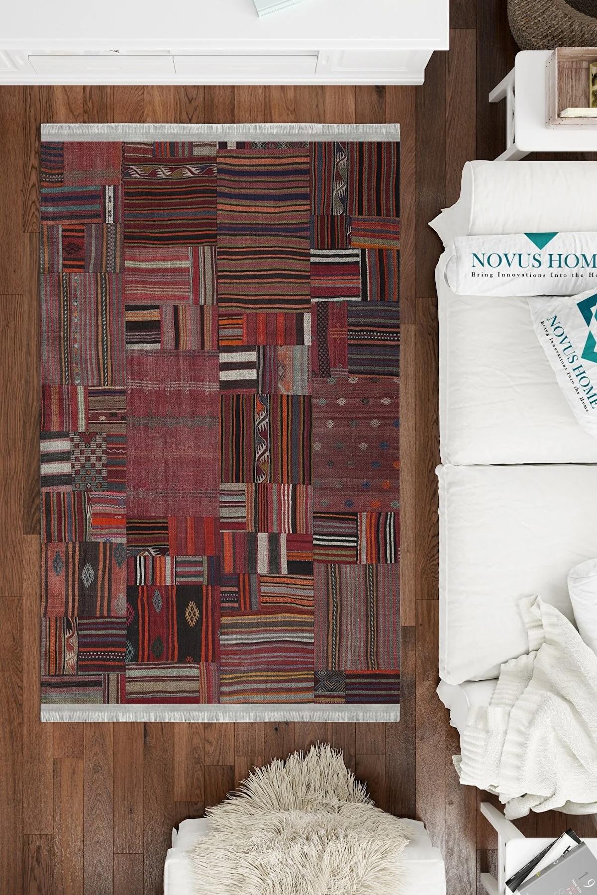 Novus Home Cotton Serisi Bordo 5 mm Pamuk Antibakteriyel-Toz Tutmaz-Yalıtıma Yardımcı Yıkanabilir İnce Kaymaz Taban Yuvarlak Makine Dokuma Antre-Salon-Yatak Odası Halısı 100x300 cm