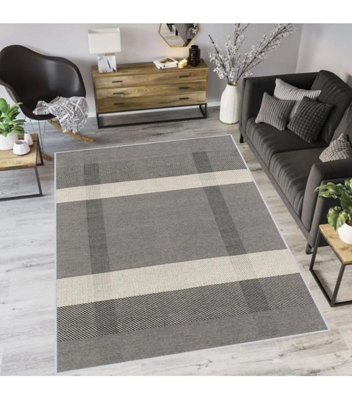 Rovigo Home RVG1157 Gri 8 mm Polyester Leke Tutmaz-Toz Tutmaz Yıkanabilir İnce Kaymaz Dot Taban Dikdörtgen Makine Dokuma Salon Halısı 80x150 cm