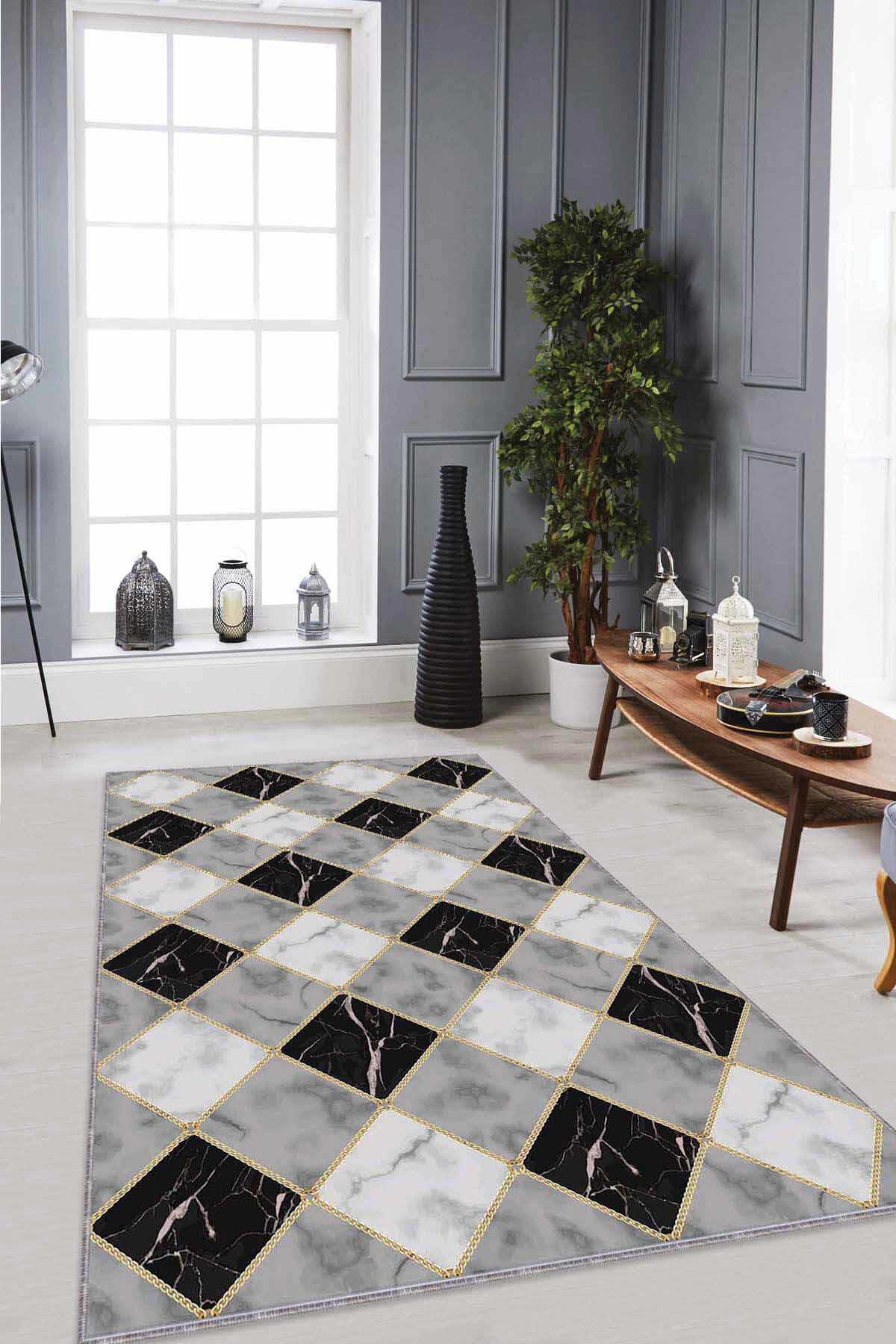 Viva Home RV137 Gri 7 mm Mikropolyester Toz Tutmaz Yıkanabilir İnce Kaymaz Dot Taban Dikdörtgen Makine Dokuma Salon Halısı 100x200 cm