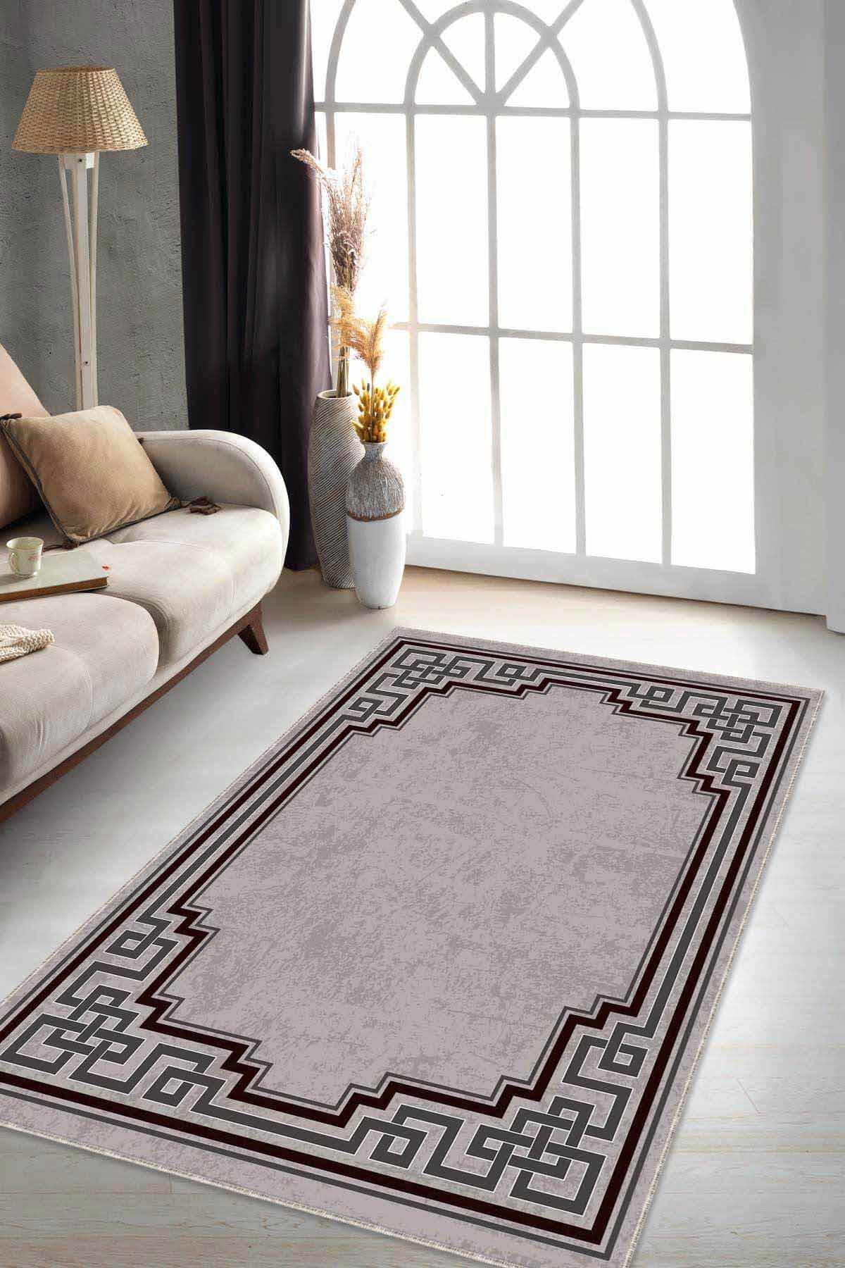 Viva Home RV091 Bej 7 mm Mikropolyester Yıkanabilir İnce Kaymaz Jüt Taban Dikdörtgen Makine Dokuma Salon Halısı 120x180 cm