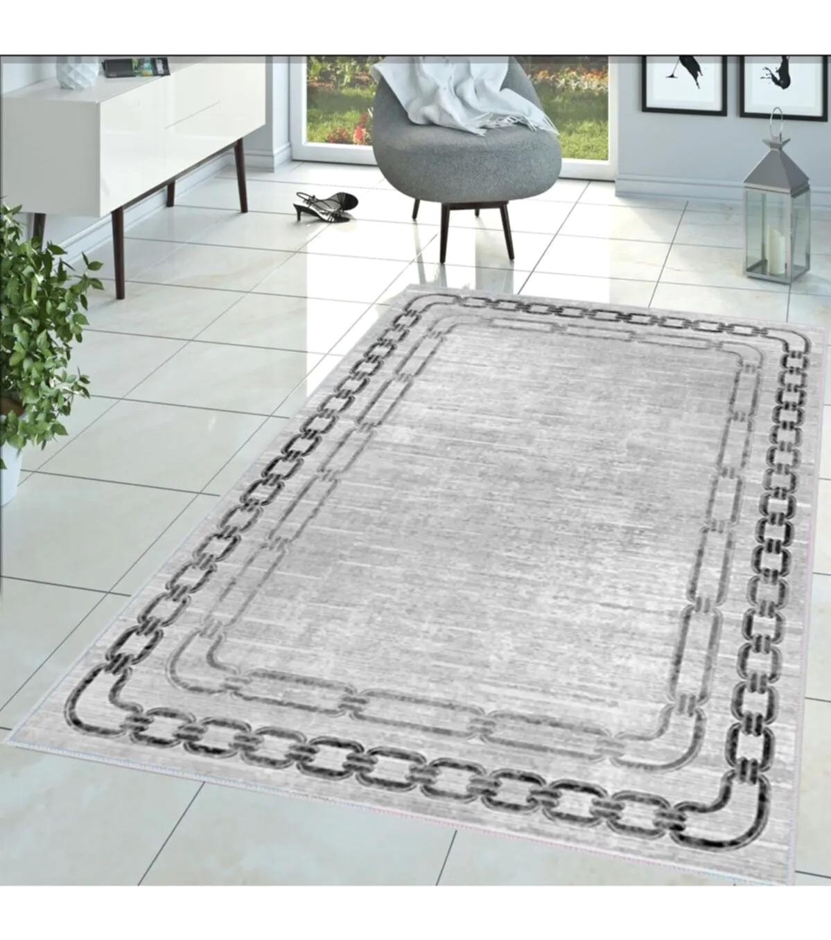 Rovigo Home RVG1376-HT900 Gri 8 mm Polyester Leke Tutmaz-Toz Tutmaz Yıkanabilir İnce Kaymaz Dot Taban Dikdörtgen Makine Dokuma Salon Halısı 120x250 cm