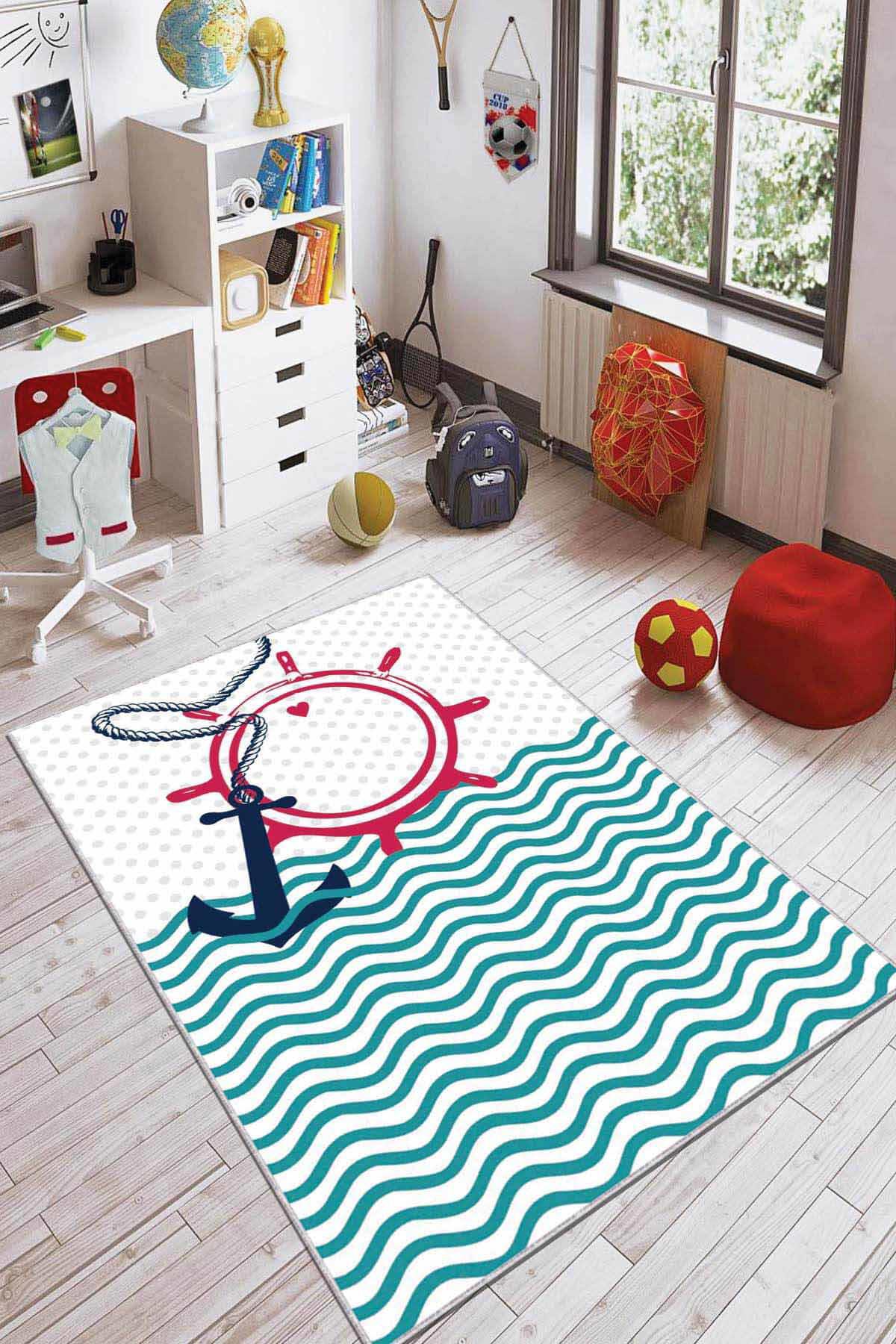 Viva Home AR063 Çok Renkli 7 mm Mikropolyester Koku Yapmaz-Leke Tutmaz-Toz Tutmaz Yıkanabilir İnce Kaymaz Dot Taban Deniz Desenli Dikdörtgen Makine Dokuma Çocuk Odası Halısı 120x200 cm