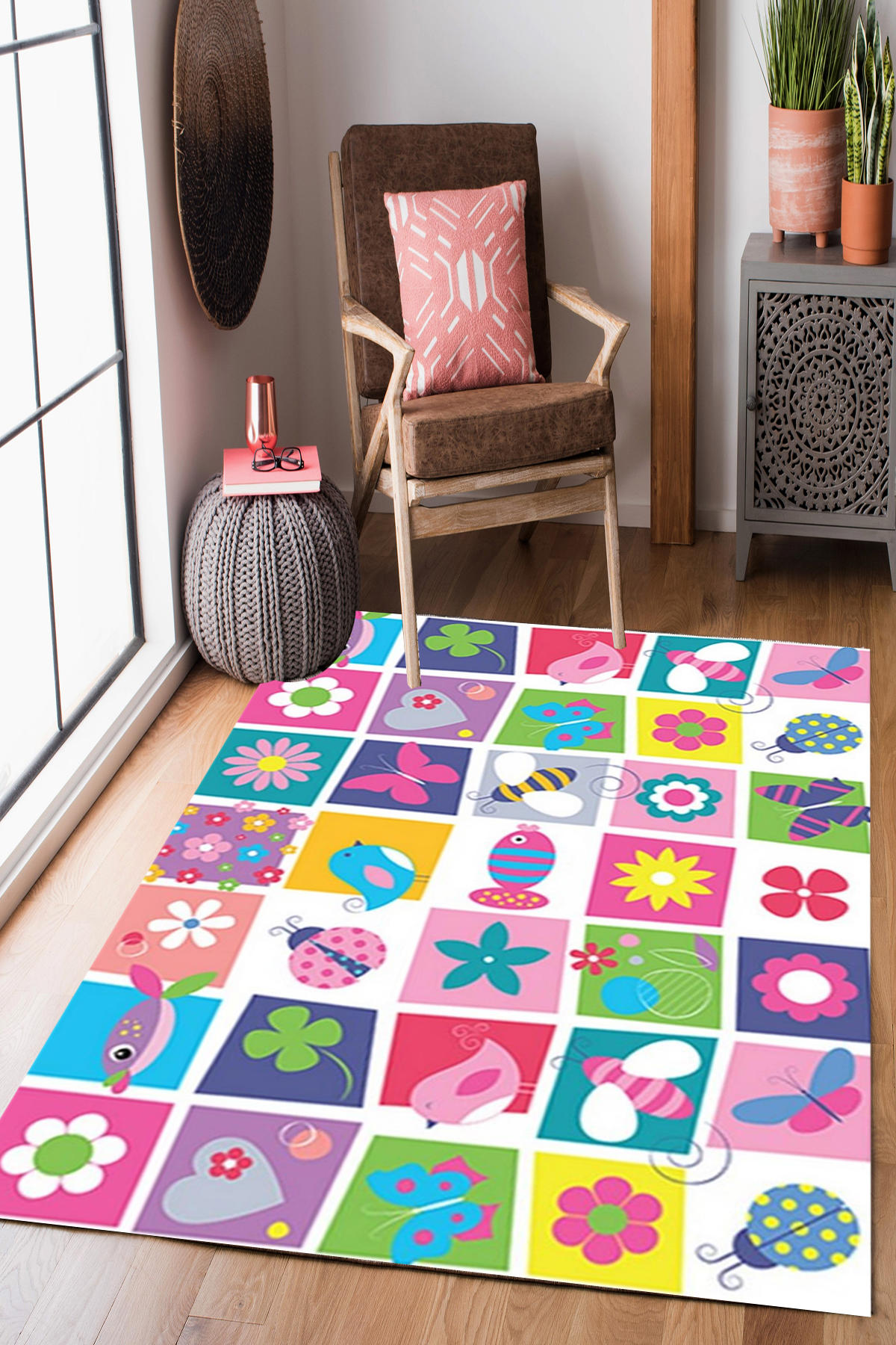 Homier Collection H-CK-10084A Krem 7 mm Pamuk Antibakteriyel Yıkanabilir Orta Kaymaz Dot Taban Dikdörtgen Makine Dokuma Çocuk Odası Halısı 80x150 cm