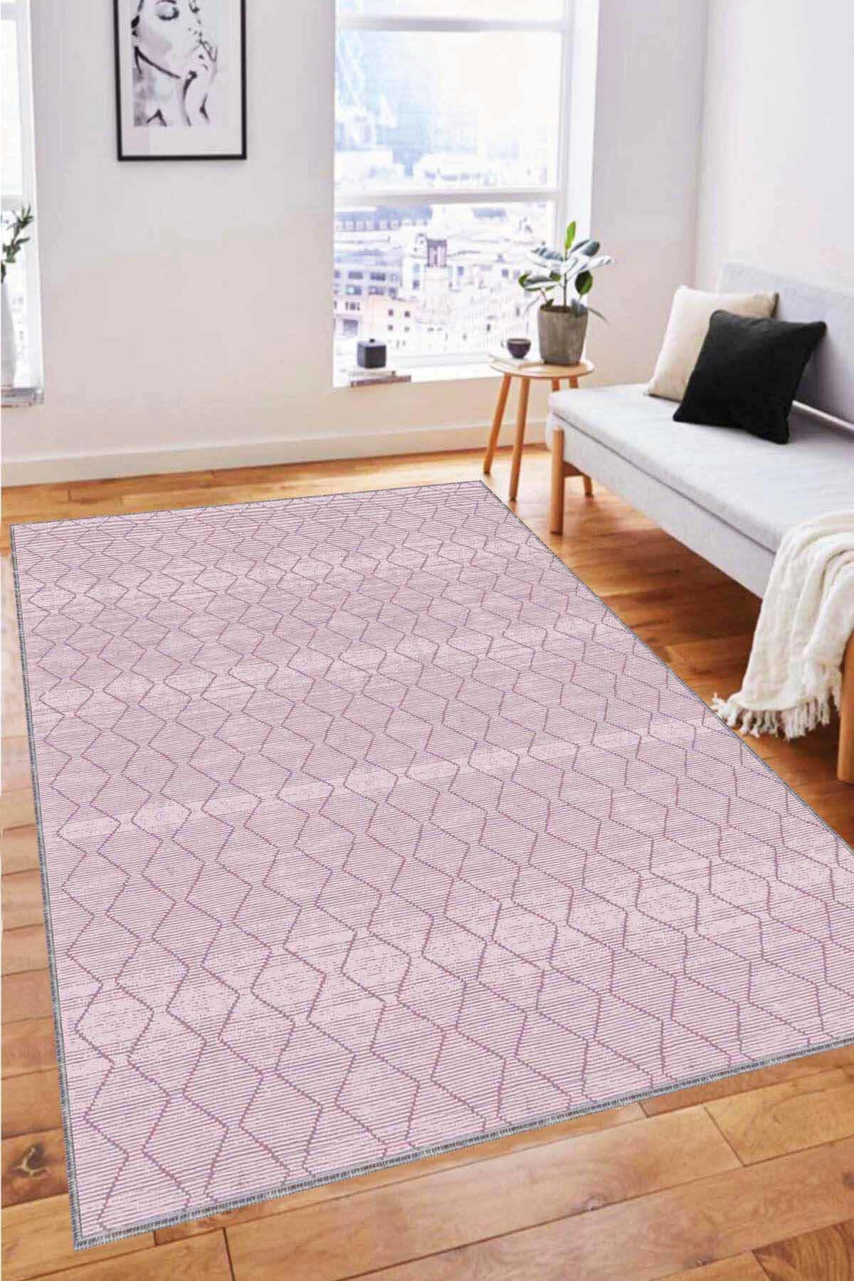 Viva Home RV195 Pembe 7 mm Mikropolyester Leke Tutmaz Yıkanabilir İnce Kaymaz Dot Taban Dikdörtgen Makine Dokuma Salon Halısı 80x150 cm