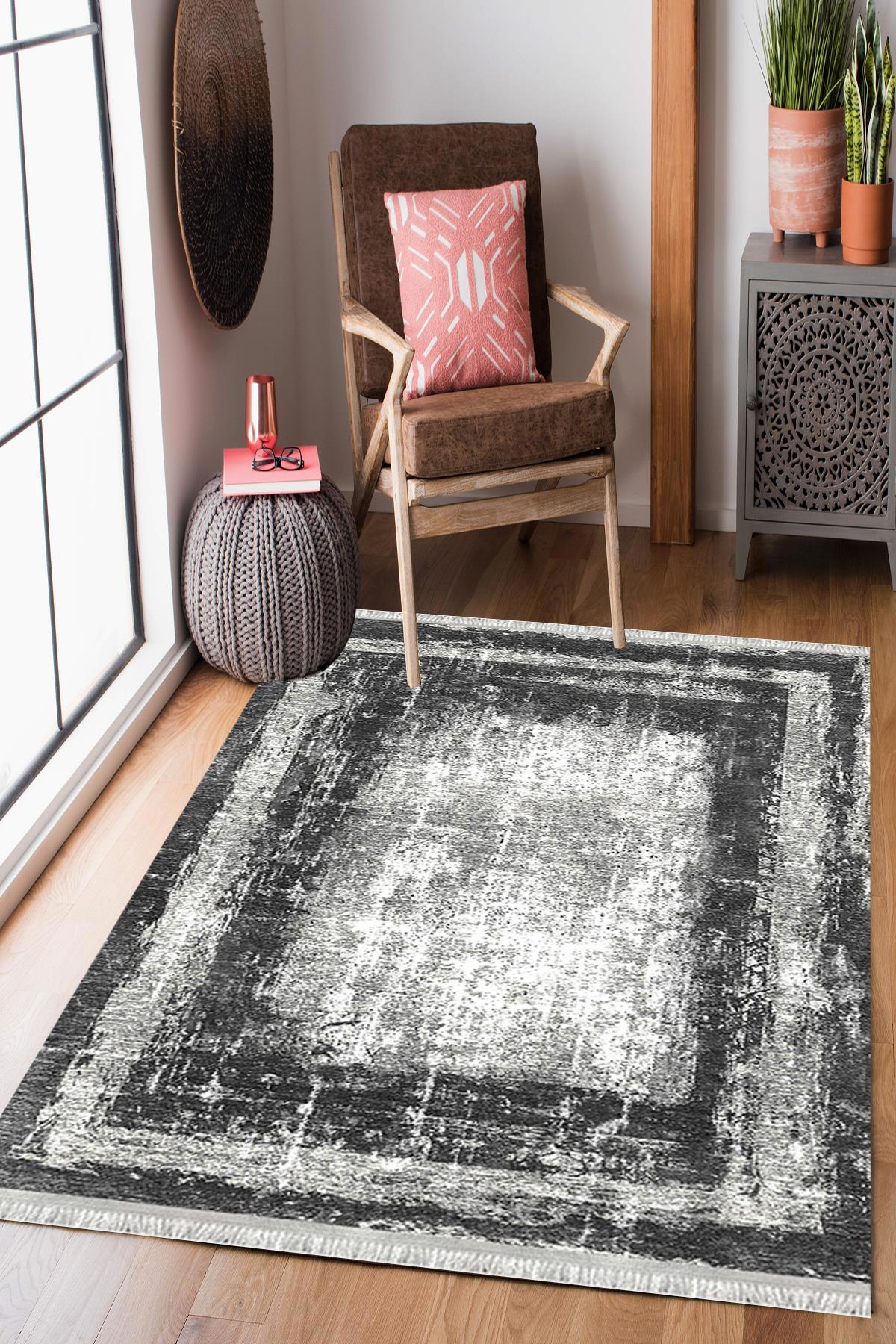 Enbe Collection E-DK5278 Gri 5 mm Pamuk Silinebilir Yıkanabilir Orta Kaymaz Dot Taban Dikdörtgen Makine Dokuma Oturma Odası Halısı 160x235 cm