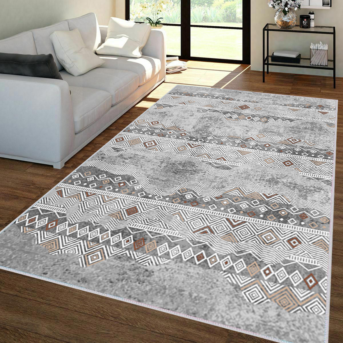 Rovigo Home RVG1393-HT703 Gri 8 mm Polyester Leke Tutmaz-Toz Tutmaz Yıkanabilir İnce Kaymaz Dot Taban Dikdörtgen Makine Dokuma Salon Halısı 80x300 cm
