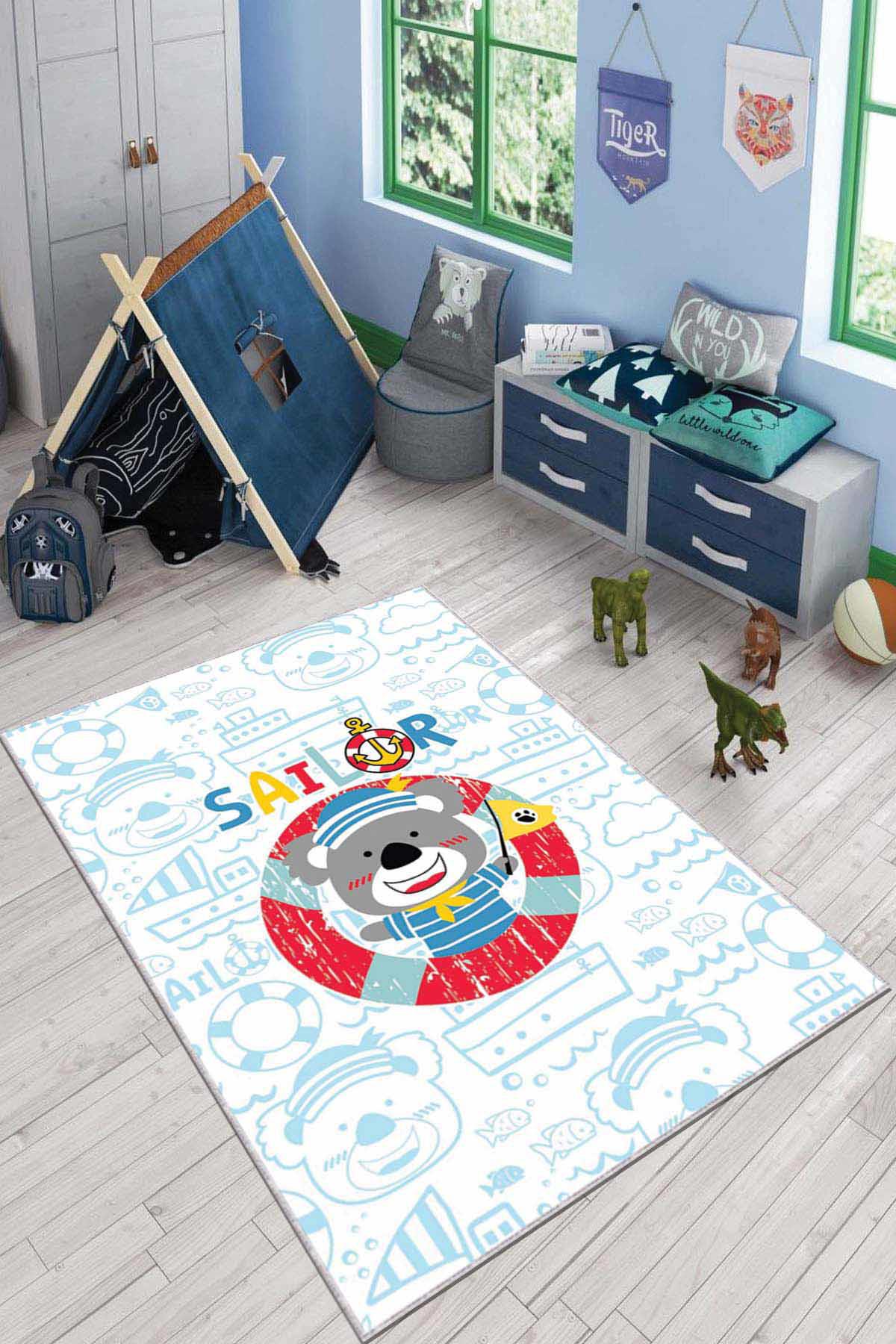 Viva Home AR031 Mavi 7 mm Mikropolyester Leke tutmaz Yıkanabilir İnce Kaymaz Dot Taban Dikdörtgen Makine Dokuma Çocuk Odası Halısı 100x300 cm