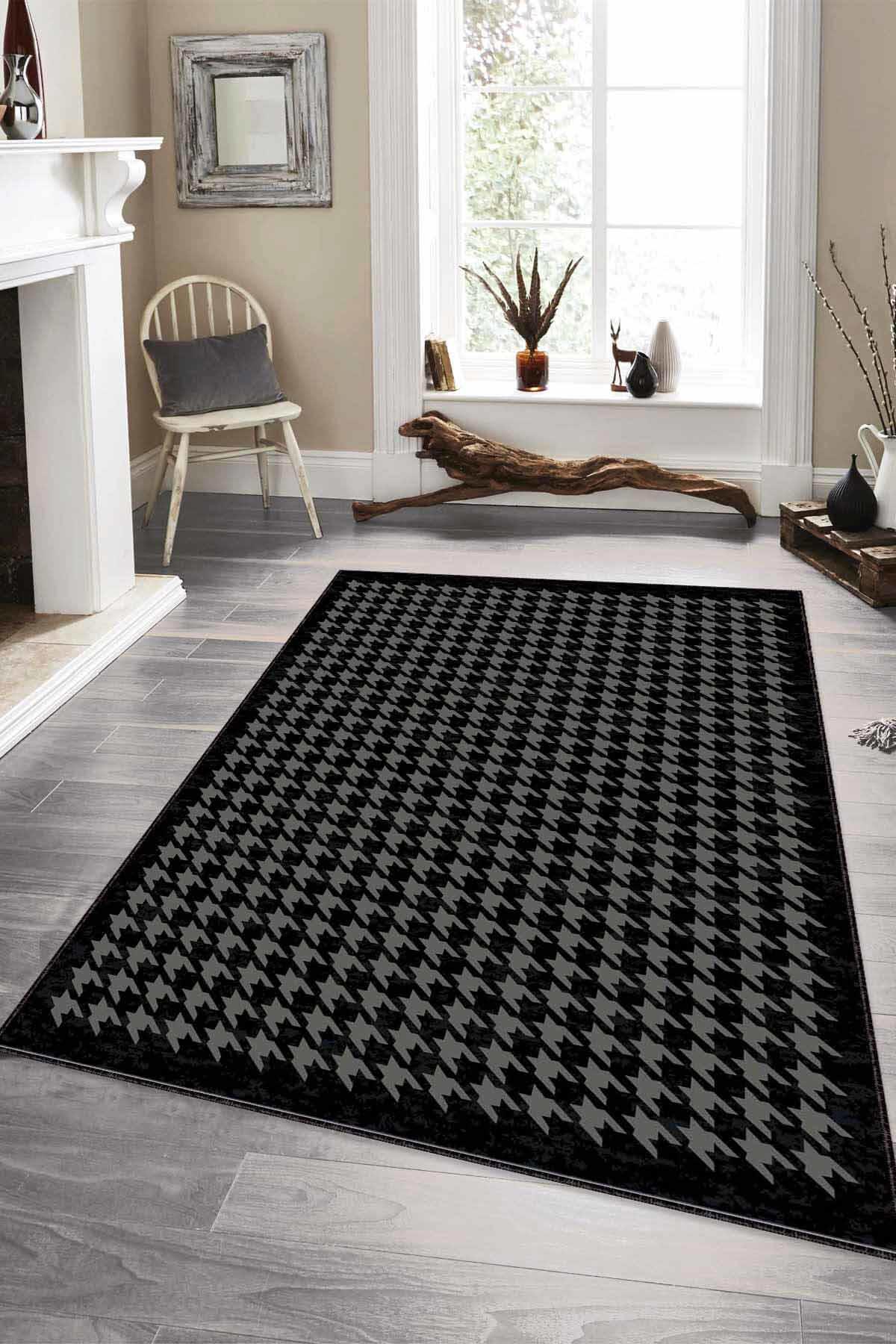 Viva Home RV178 Siyah 7 mm Mikropolyester Antibakteriyel Yıkanabilir İnce Kaymaz Lateks Taban Dikdörtgen Makine Dokuma Salon Halısı 100x300 cm