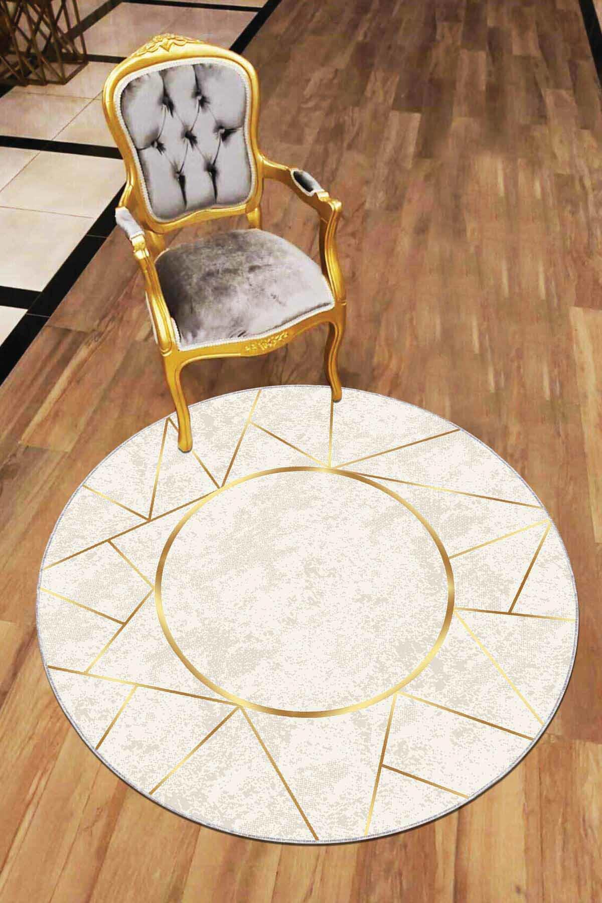 Viva Home AR396 Altın - Krem 7 mm Mikropolyester Leke tutmaz Yıkanabilir İnce Kaymaz Dot Taban Yuvarlak Makine Dokuma Salon Halısı 160x230 cm