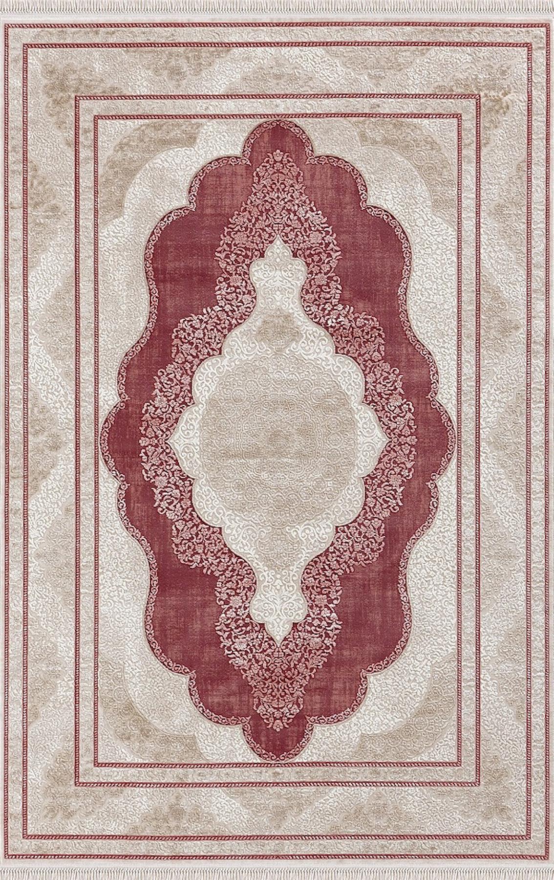 Merinos Rodin 19772 Kırmızı-Krem 11 mm Akrilik Toz Tutmaz Yıkanabilir Kalın Kaymaz Dikdörtgen Makine Dokuma Salon Halısı 140x200 cm