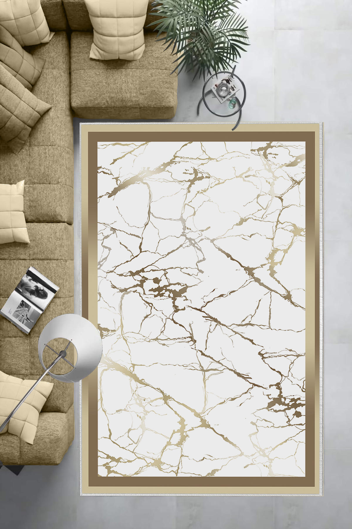 Aldora Altın-Gri 0.8 mm Polipropilen Antibakteriyel Yıkanabilir Orta Kaymaz Deri Taban Dikdörtgen Makine Dokuma Salon Halısı 80x300 cm