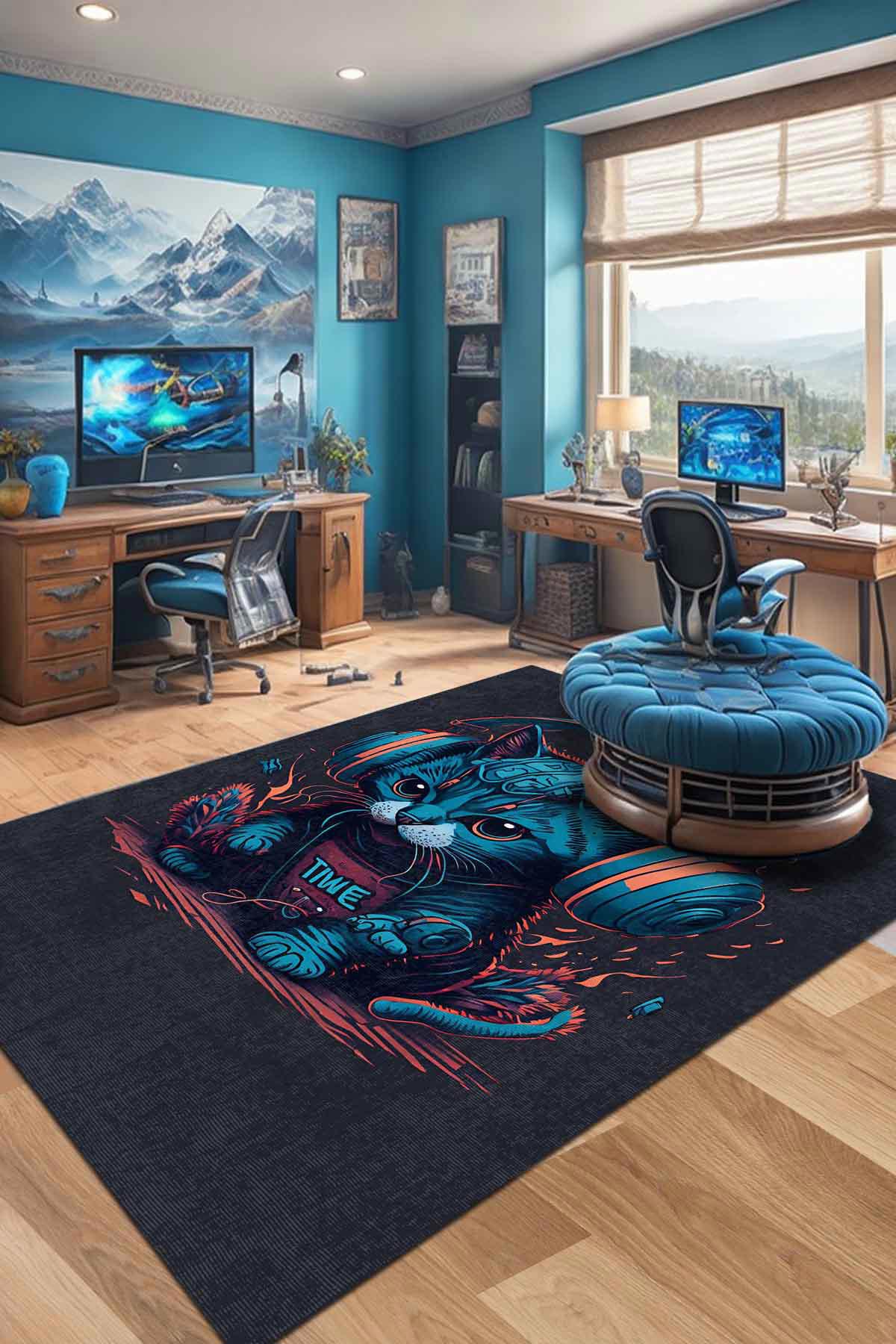 İlyaki Home Cat Peak Çok Renkli 0.8 mm Pamuk Antialerjenik Yıkanabilir Orta Kaymaz Pamuk Taban Dikdörtgen Makine Dokuma Genç Odası Halısı 140x220 cm