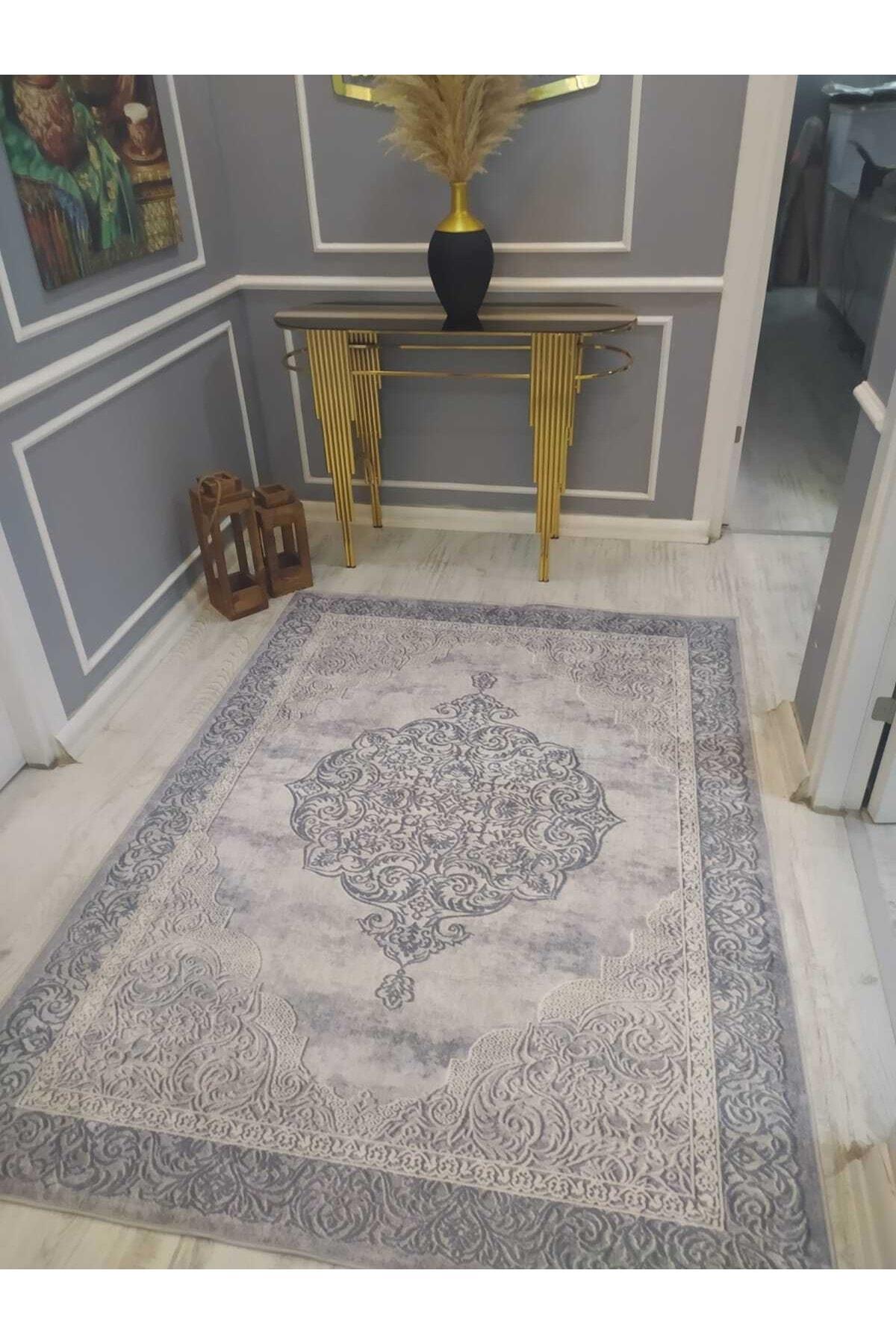 Doruklar Home Collection DRK8008 Bej - Mavi 0.7 mm Pamuk Antibakteriyel Yıkanabilir İnce Kaymaz Taban Dikdörtgen Makine Dokuma Salon Halısı 160x230 cm