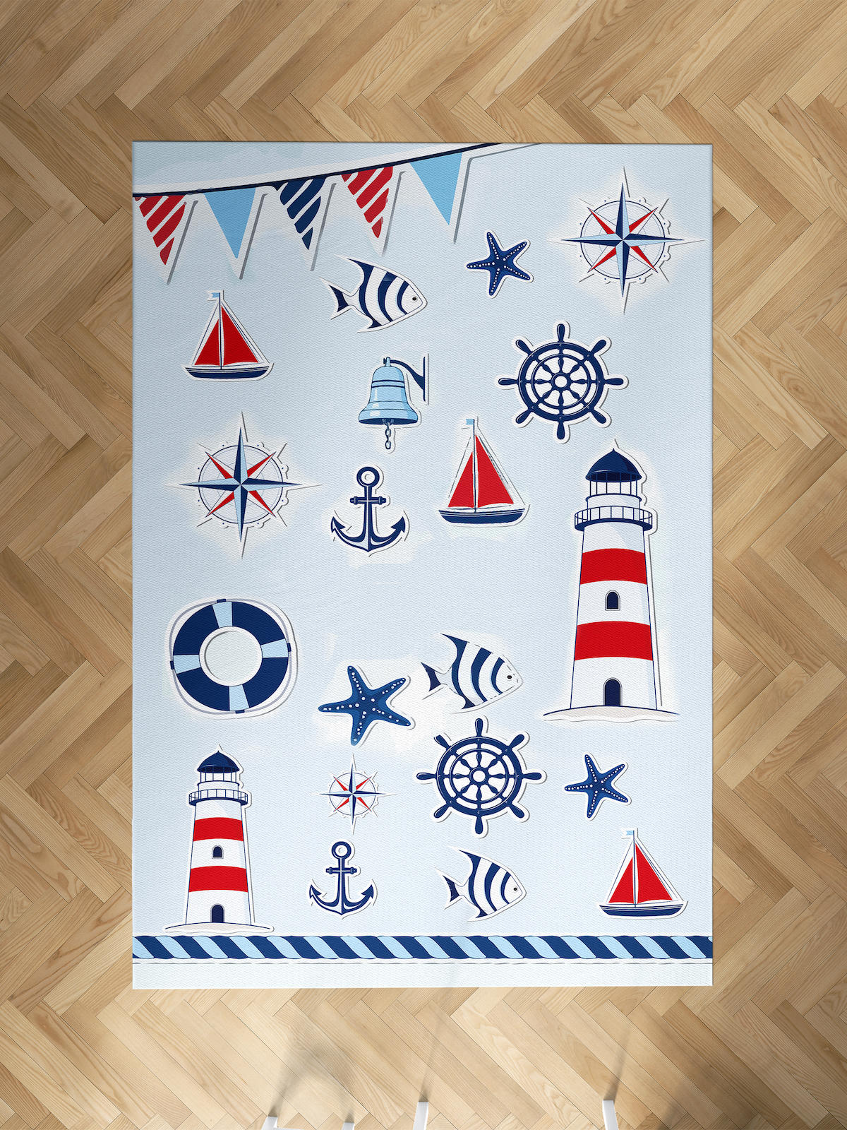 Mekta Home Denizci Krem 10 mm Antibakteriyel Yıkanabilir İnce Kaymaz Dot Taban Dikdörtgen Makine Dokuma Çocuk Odası Halısı 80x350 cm