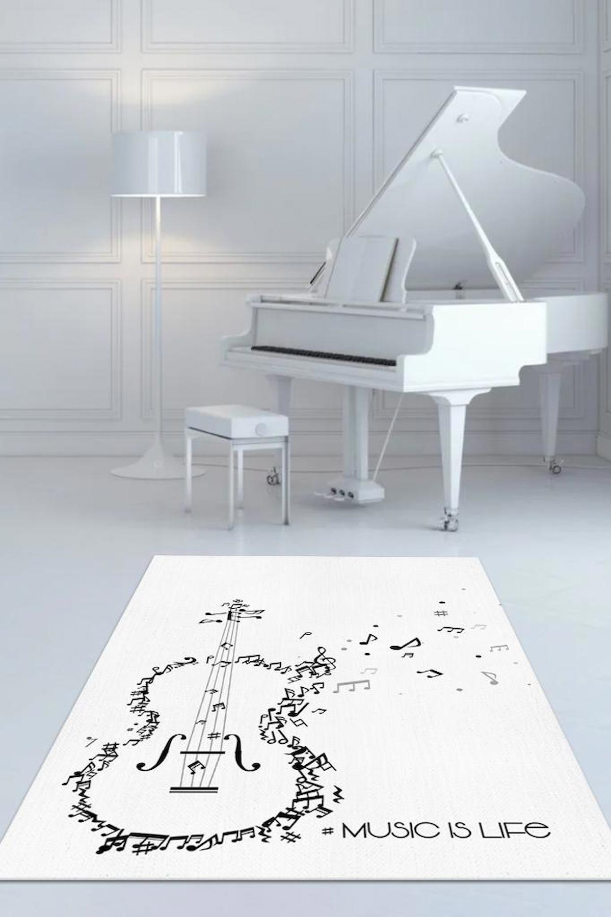 Homshtag Müzik Hayattır Krem 4 mm Pamuk Antistatik Yıkanabilir İnce Kaymaz Dikdörtgen Makine Dokuma Hobi Odası Halısı 100x200 cm
