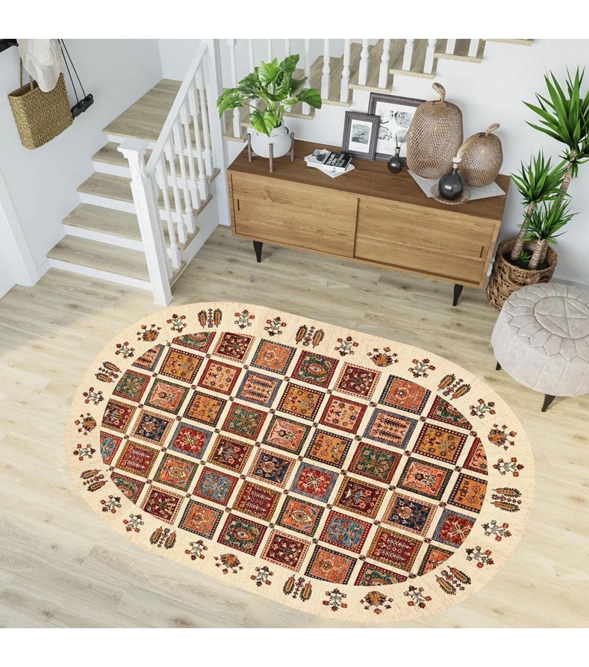 Rovigo Home RVG7224-HT648 Çok Renkli 8 mm Polyester Yıkanabilir Orta Kaymaz Dot Taban Dikdörtgen Makine Dokuma Salon Halısı 140x200 cm