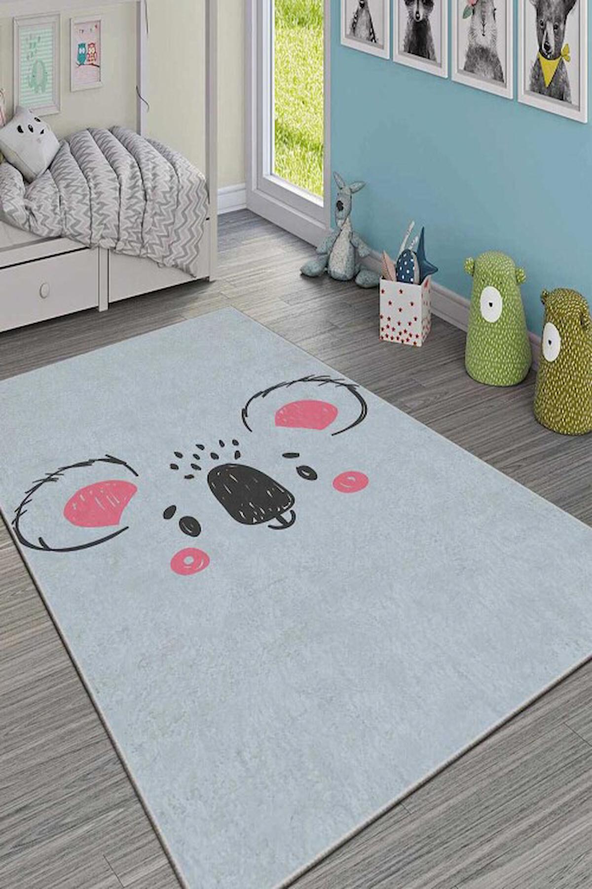 Homefesto Krem 5 mm Polyester Leke Tutmaz Yıkanabilir İnce Kaymaz Taban Hayvan Desenli Dikdörtgen Makine Dokuma Çocuk Odası Halısı 140x200 cm