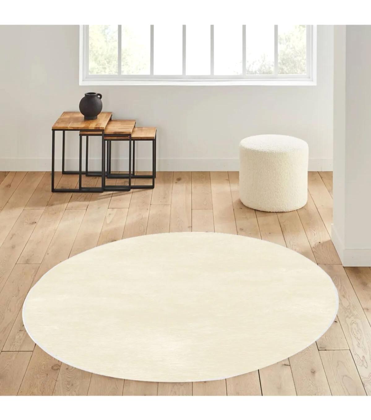 Rovigo Home RVG7097 Krem 8 mm Polyester Antibakteriyel-Leke Tutmaz-Toz Tutmaz Yıkanabilir İnce Kaymaz Dot Taban Yuvarlak Makine Dokuma Salon Halısı 100x300 cm
