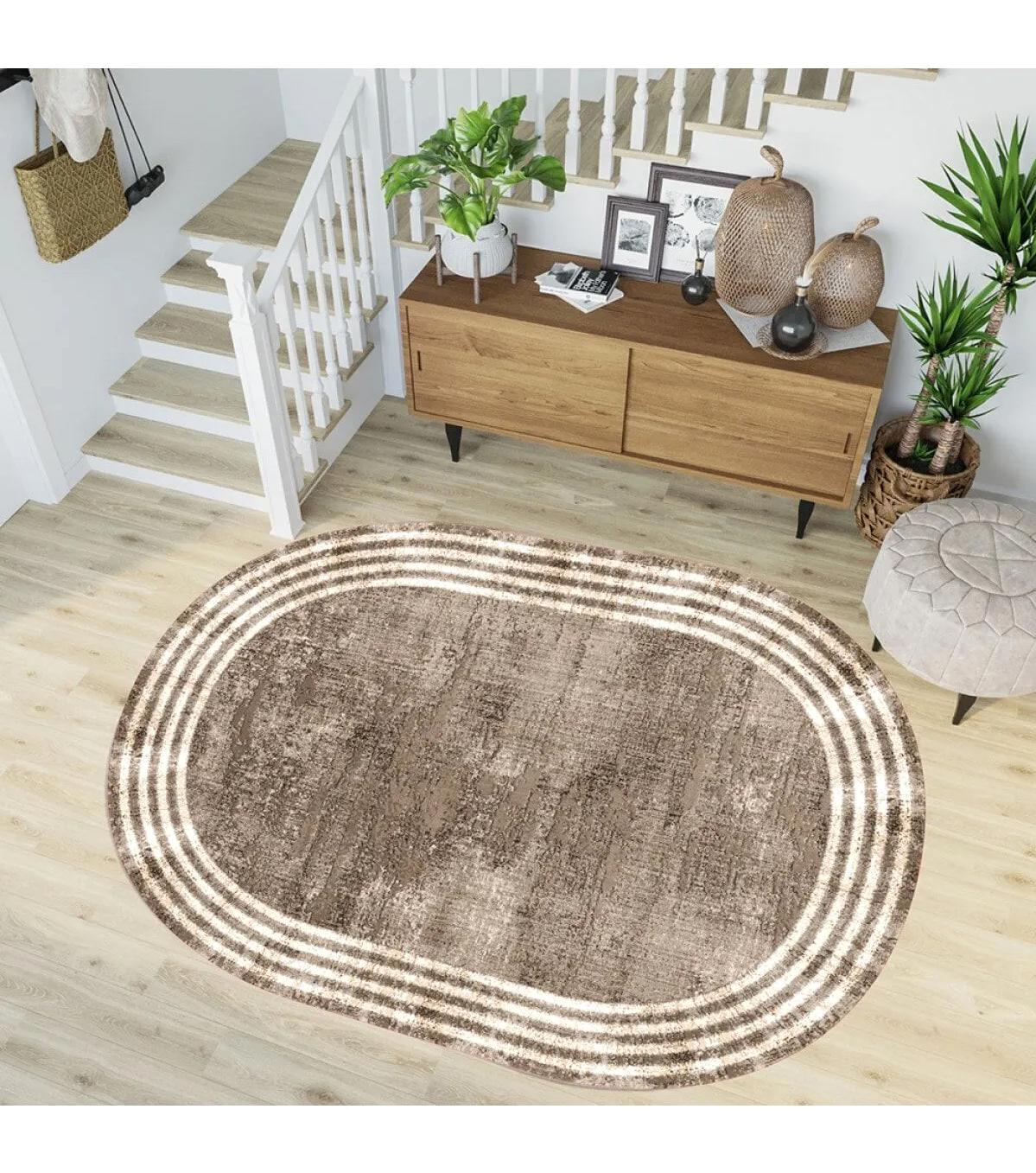 Rovigo Home RVG7189-HT487 Kahverengi 8 mm Polyester Yıkanabilir Orta Kaymaz Dot Taban Dikdörtgen Makine Dokuma Salon Halısı 120x180 cm