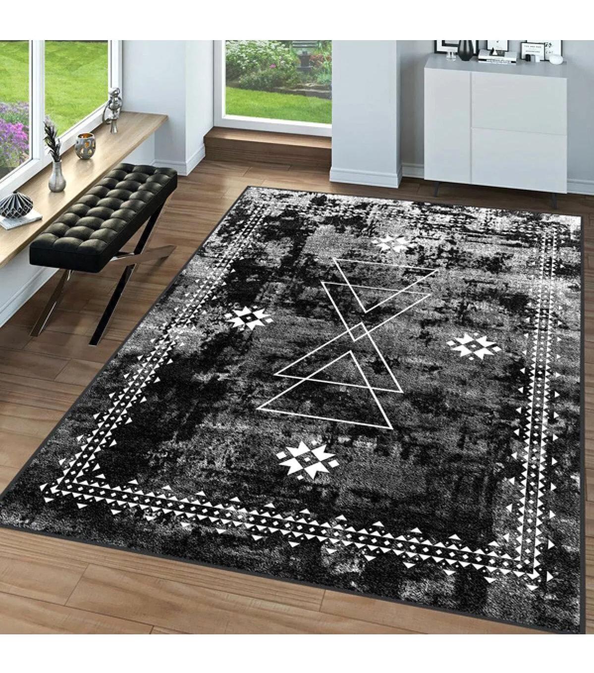 Rovigo Home RVG0095-SD1034 Beyaz - Siyah 8 mm Polyester Yıkanabilir Orta Kaymaz Dot Taban Dikdörtgen Makine Dokuma Salon Halısı 80x150 cm