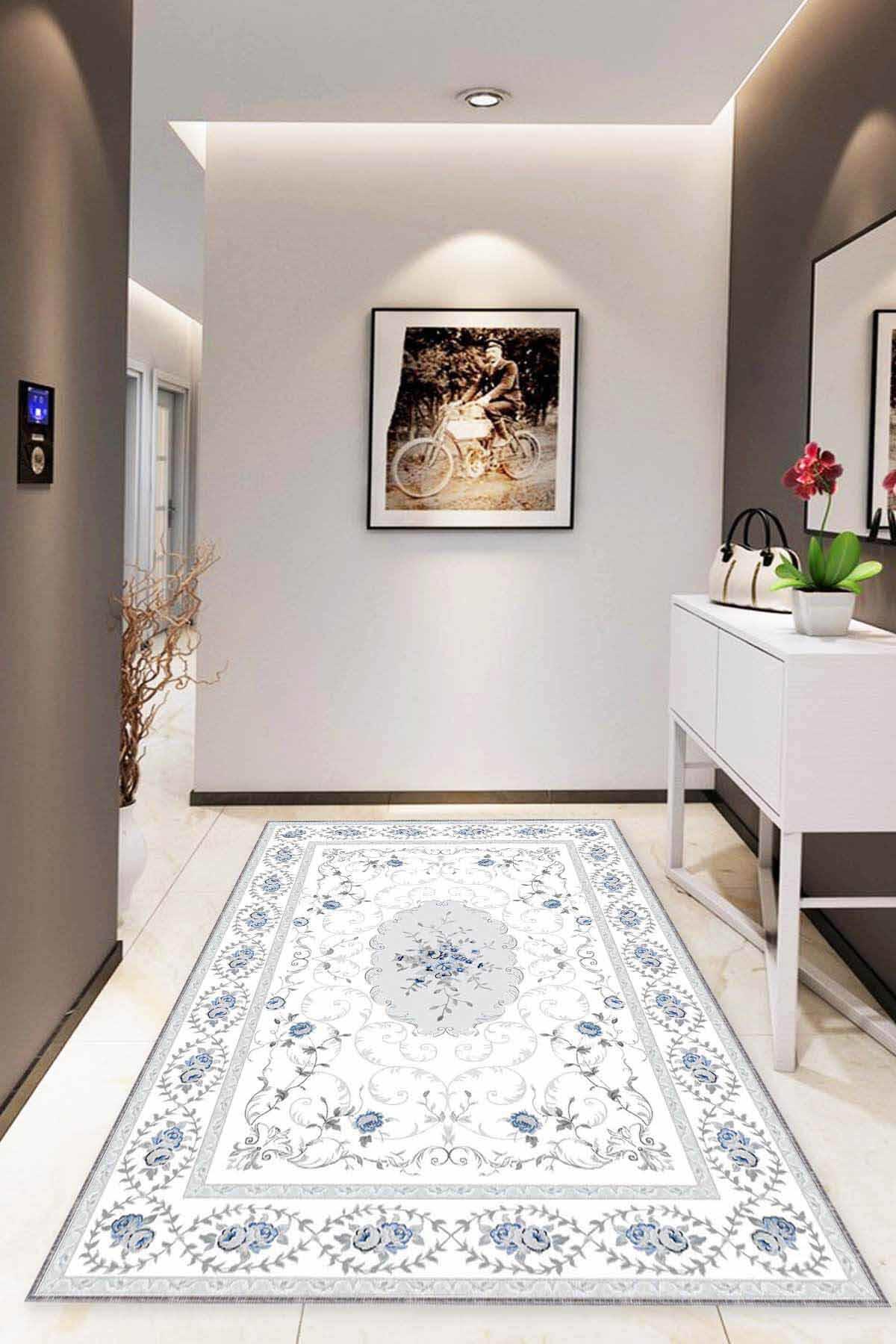 Viva Home MK05 Mavi 7 mm Mikropolyester Leke tutmaz Yıkanabilir İnce Kaymaz Taban Dikdörtgen Makine Dokuma Salon Halısı 100x200 cm