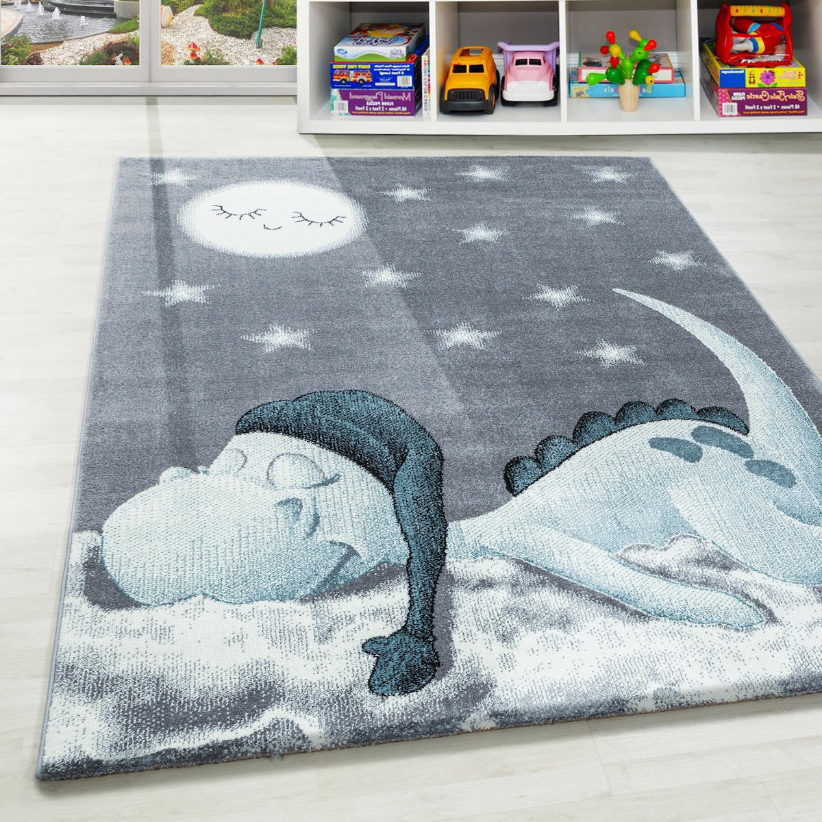 Wide Shop Mavi 7 mm Polipropilen Antialerjenik Yıkanabilir Orta Kaymaz Jüt Taban Hayvan Desenli Dikdörtgen Makine Dokuma Salon Halısı 160x230 cm