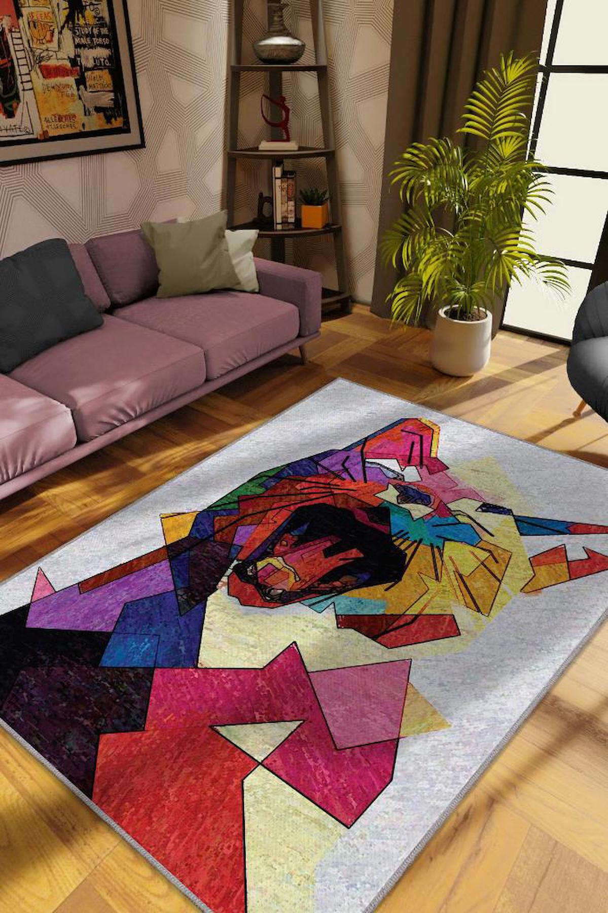 Homshtag Kübist Kedi Krem 4 mm Pamuk Antistatik Yıkanabilir İnce Kaymaz Dikdörtgen Makine Dokuma Salon Halısı 80x200 cm