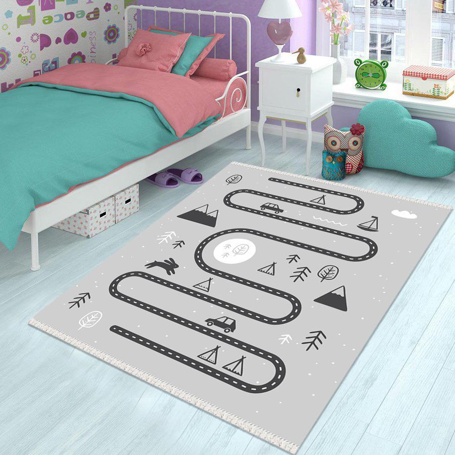 Halı Furyası Gri 7 mm Polyester Antibakteriyel Yıkanabilir İnce Kaymaz Dot Taban Dikdörtgen Makine Dokuma Çocuk Odası Halısı 160x230 cm