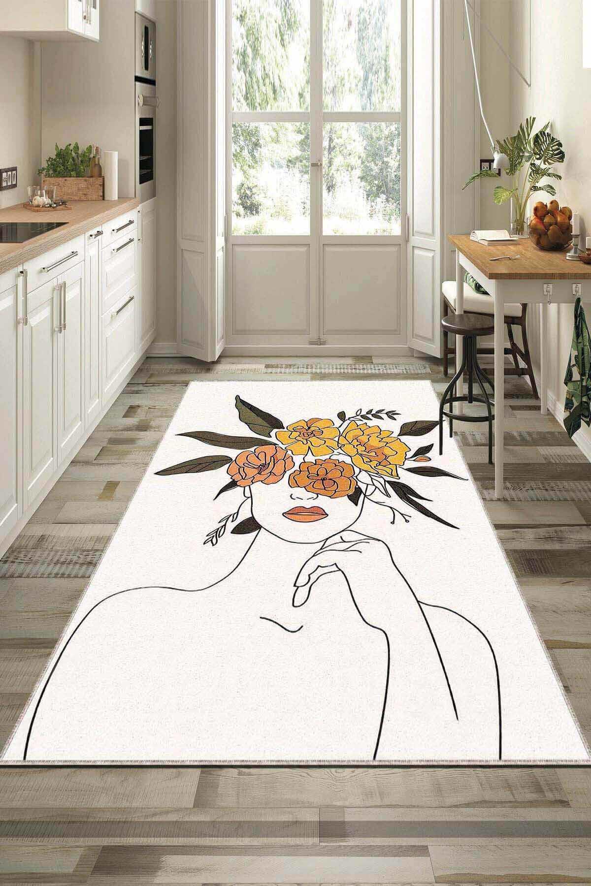 Viva Home AR700 Ekru 7 mm Mikropolyester Silinebilir Yıkanabilir Orta Kaymaz Figürlü Dikdörtgen Makine Dokuma Çocuk Odası Halısı 80x200 cm