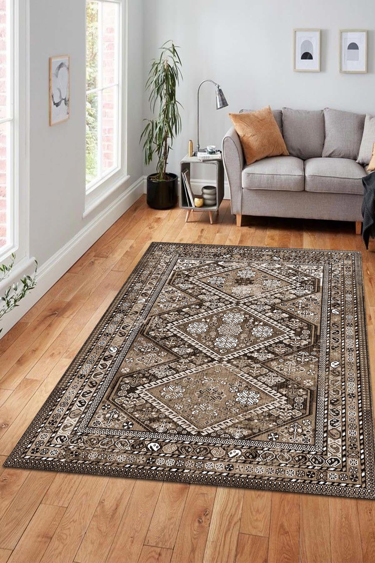 İlyaki Home Blaze Krem 0.8 mm Pamuk Antibakteriyel Yıkanabilir İnce Kaymaz Pamuk Taban Dikdörtgen Makine Dokuma Salon Halısı 120x180 cm
