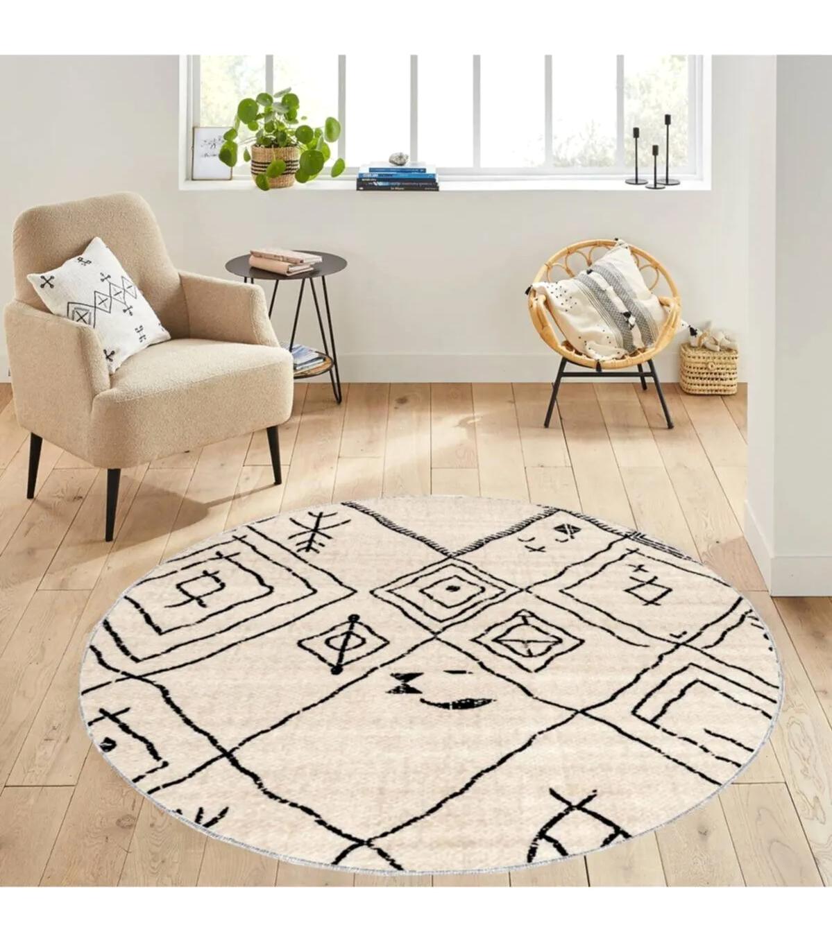 Rovigo Home RVG7117 Krem 8 mm Polyester Antibakteriyel-Leke Tutmaz-Toz Tutmaz Yıkanabilir İnce Kaymaz Dot Taban Yuvarlak Makine Dokuma Salon Halısı 120x180 cm