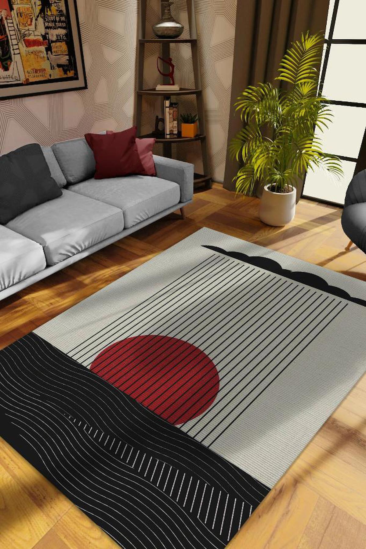 Homshtag Günbatımında Denize Yağan Yağmur Krem 4 mm Pamuk Antistatik Yıkanabilir İnce Kaymaz Dikdörtgen Makine Dokuma Salon Halısı 120x120 cm