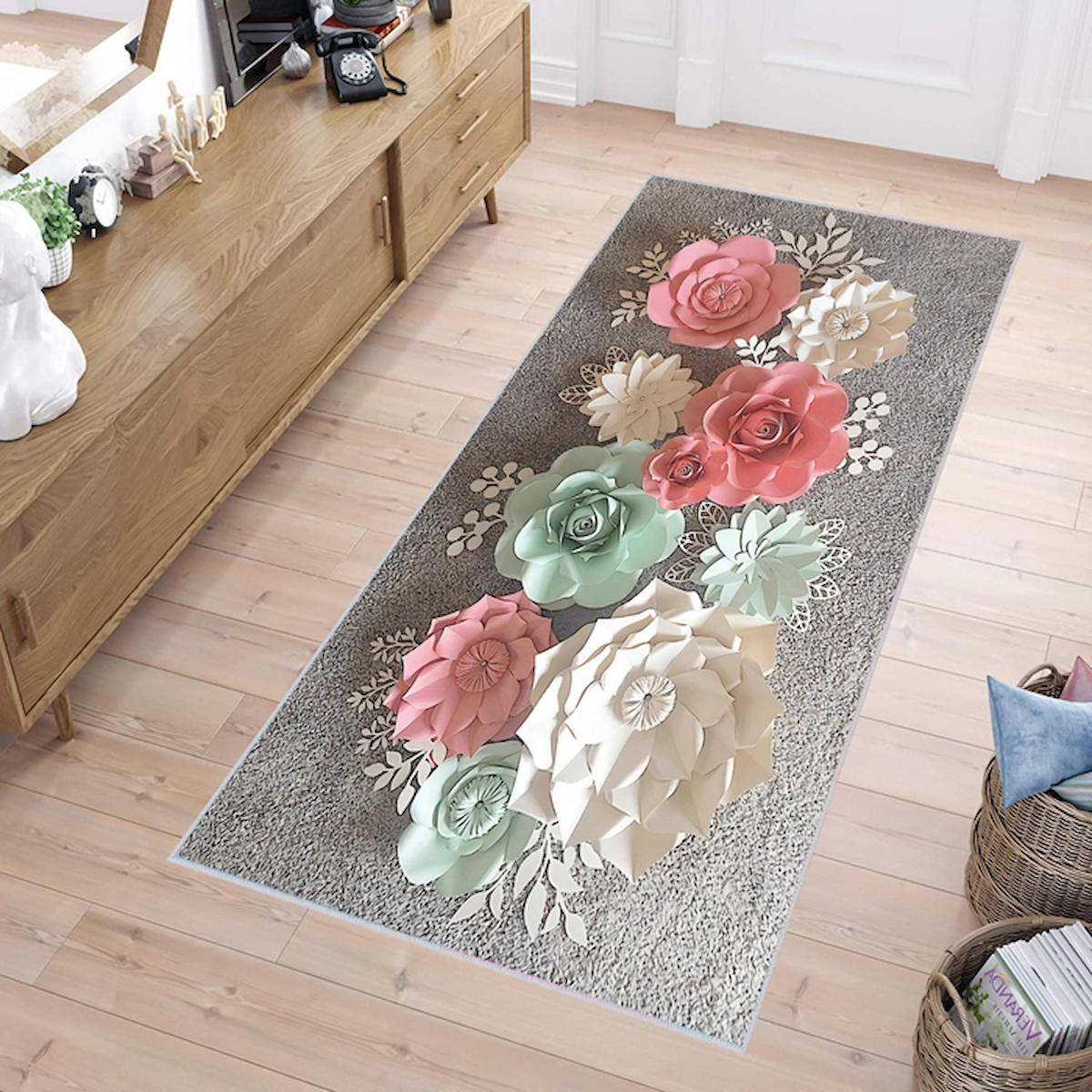 Rovigo Home RVG0237 Çok Renkli 8 mm Polyester Leke Tutmaz-Toz Tutmaz Yıkanabilir İnce Kaymaz Dot Taban Dikdörtgen Makine Dokuma Salon Halısı 80x400 cm