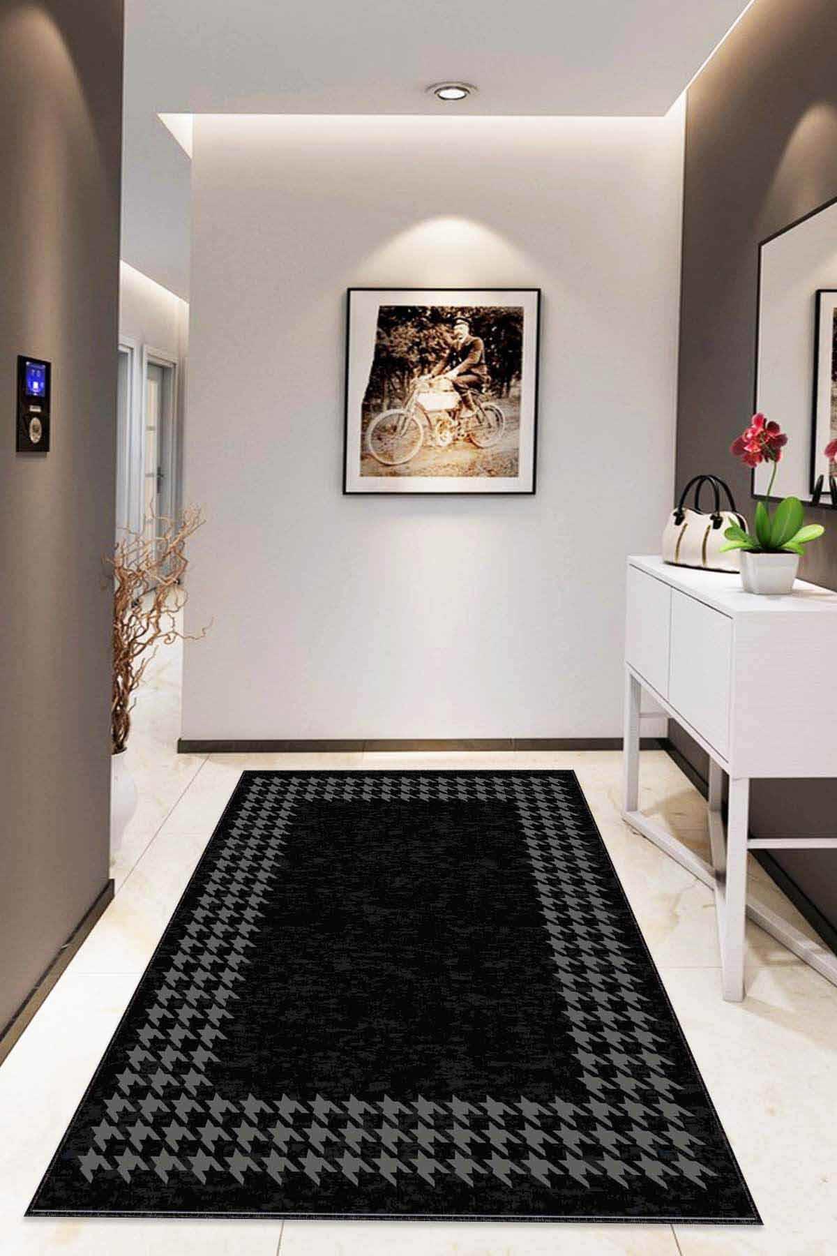 Viva Home RV180 Siyah 7 mm Mikropolyester Antibakteriyel Yıkanabilir Kalın Kaymaz Lateks Taban Dikdörtgen Makine Dokuma Salon Halısı 100x200 cm