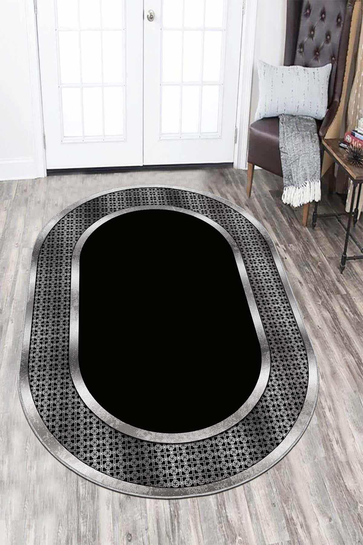 Viva Home AR986 Gri-Siyah 7 mm Mikropolyester Toz Tutmaz Yıkanabilir İnce Kaymaz Lateks Taban Oval Makine Dokuma Salon Halısı 160x230 cm