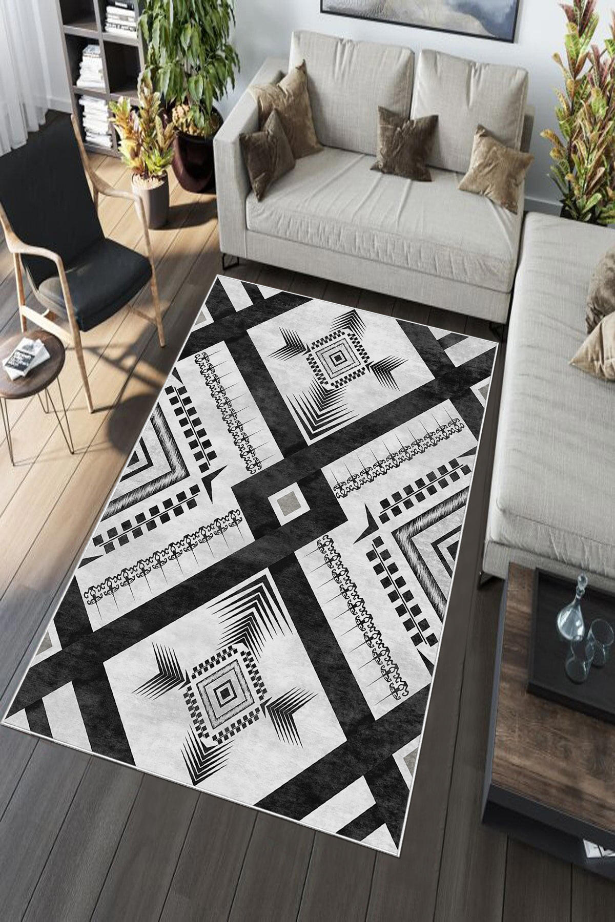 Aldora Gri-Siyah 0.8 mm Polipropilen Yıkanabilir Orta Kaymaz Deri Taban Dikdörtgen Makine Dokuma Salon Halısı 160x300 cm
