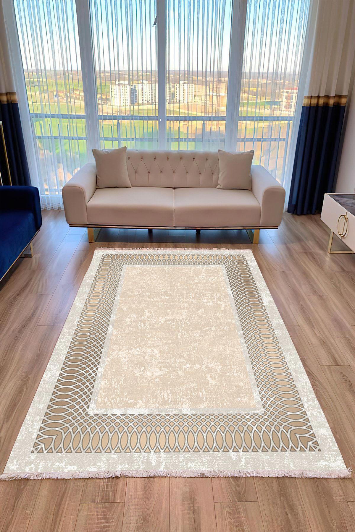 Aldora B1224 Krem 9 mm Deri Leke tutmaz Yıkanabilir İnce Kaymaz Deri Taban Dikdörtgen Makine Dokuma Salon Halısı 100x200 cm