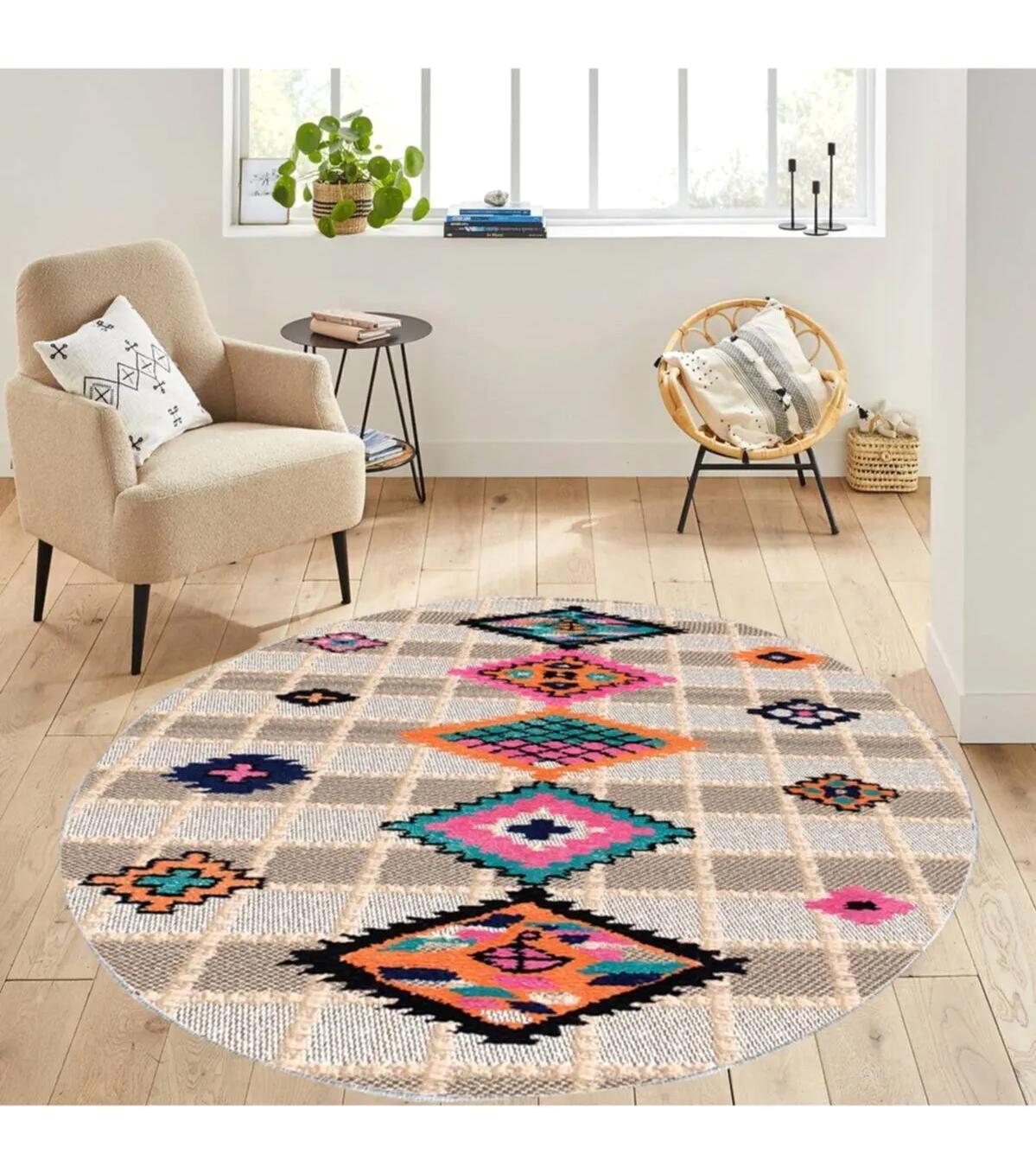 Rovigo Home RVG7112 Krem 8 mm Polyester Antibakteriyel-Leke Tutmaz-Toz Tutmaz Yıkanabilir İnce Kaymaz Dot Taban Yuvarlak Makine Dokuma Salon Halısı 120x180 cm