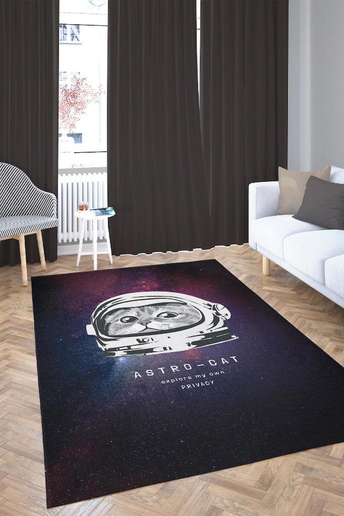 Homshtag Astro Kedi Krem 4 mm Pamuk Antistatik Yıkanabilir İnce Kaymaz Dikdörtgen Makine Dokuma Genç Odası Halısı 160x230 cm