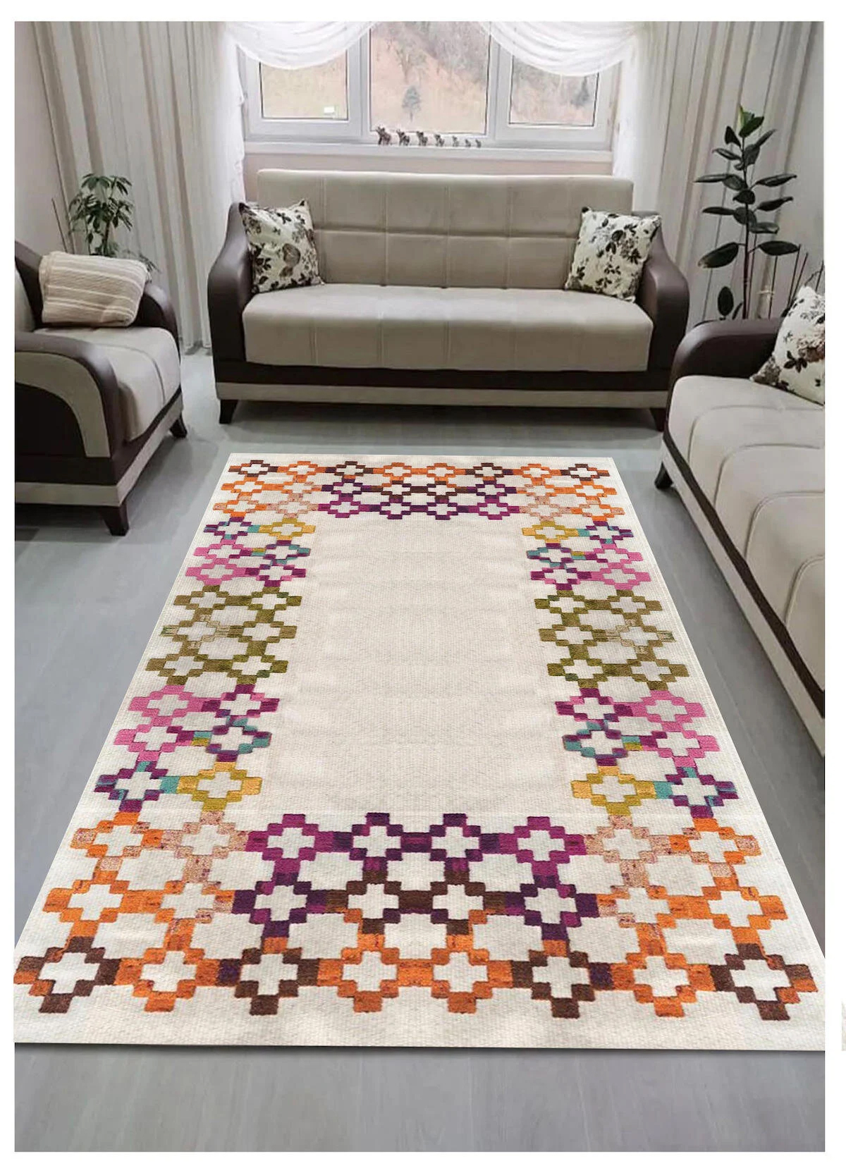 Sty Home Çok Renkli 0.8 mm Antialerjenik Yıkanabilir Orta Kaymaz Lateks Taban Dikdörtgen Makine Dokuma Salon Halısı 100x100 cm