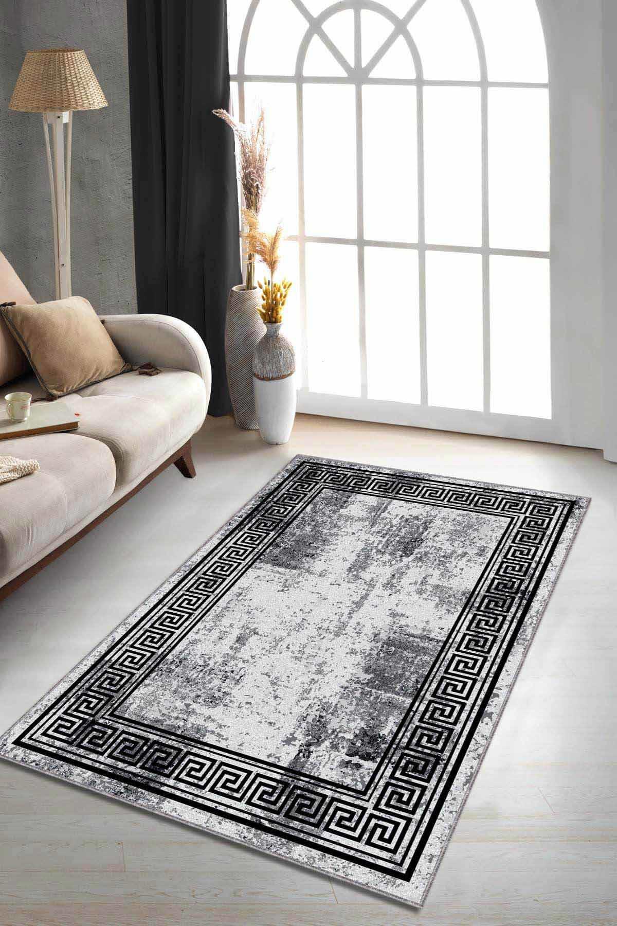 Viva Home AR165 Gri 7 mm Mikropolyester Toz Tutmaz Yıkanabilir İnce Kaymaz Dot Taban Dikdörtgen Makine Dokuma Salon Halısı 200x300 cm
