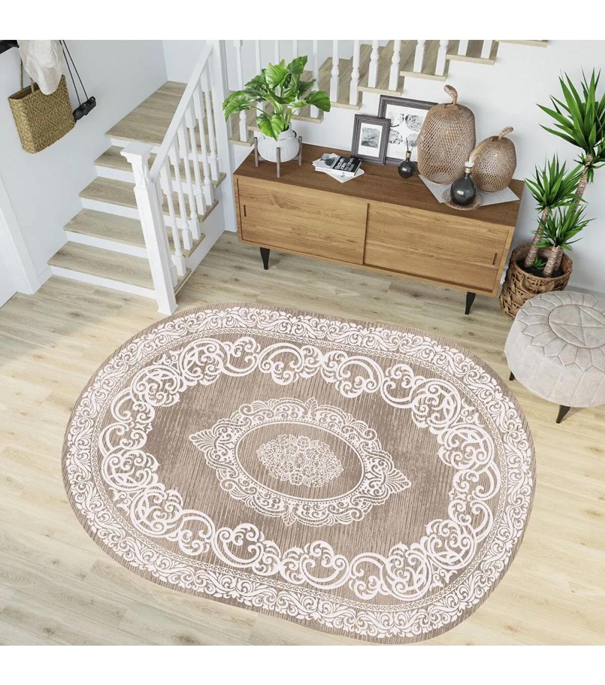 Rovigo Home RVG7187-HK141 Kahverengi 8 mm Polyester Yıkanabilir Orta Kaymaz Dot Taban Dikdörtgen Makine Dokuma Salon Halısı 100x300 cm