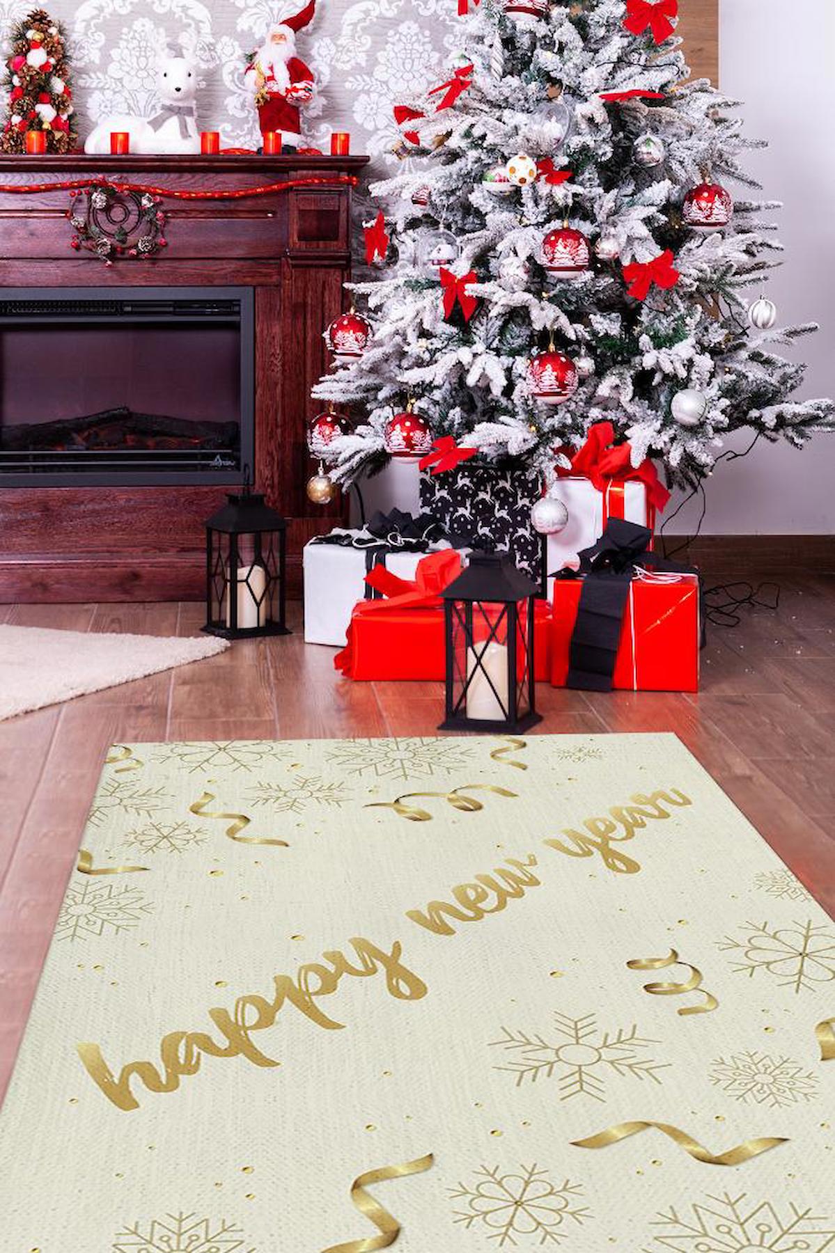 Homshtag Mutlu Yıllar Altın 4 mm Pamuk Antistatik Yıkanabilir İnce Kaymaz Dikdörtgen Makine Dokuma Salon Halısı 80x150 cm