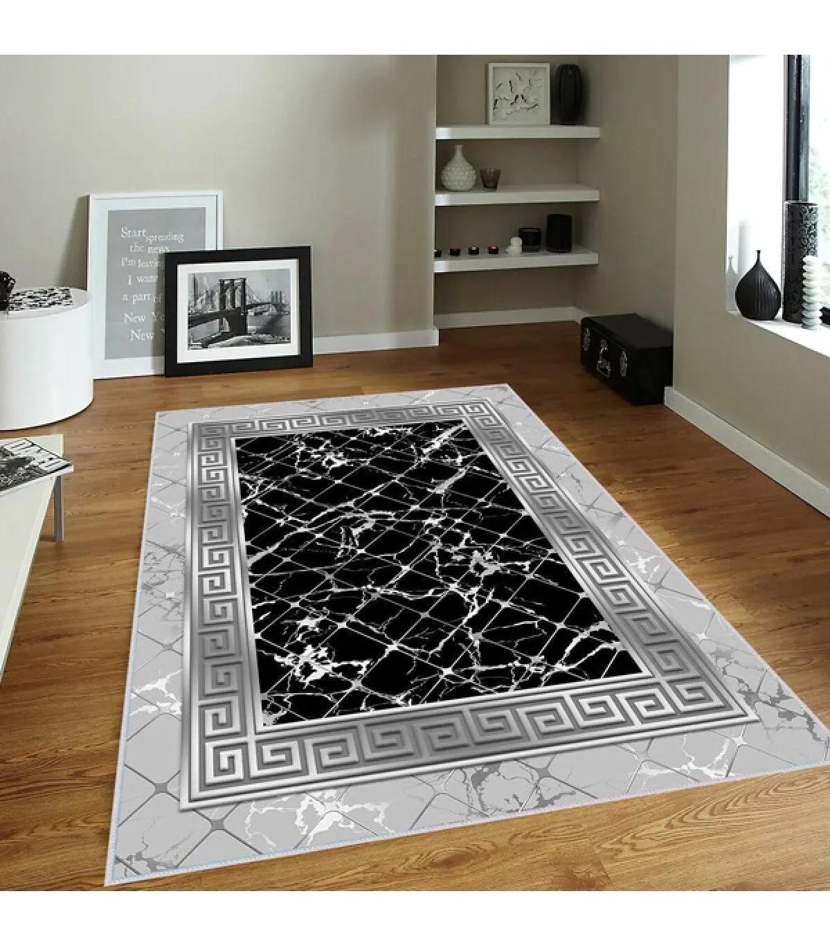 Rovigo Home RVG0116-SM38 Beyaz - Siyah 8 mm Polyester Yıkanabilir Orta Kaymaz Dot Taban Dikdörtgen Makine Dokuma Salon Halısı 180x180 cm