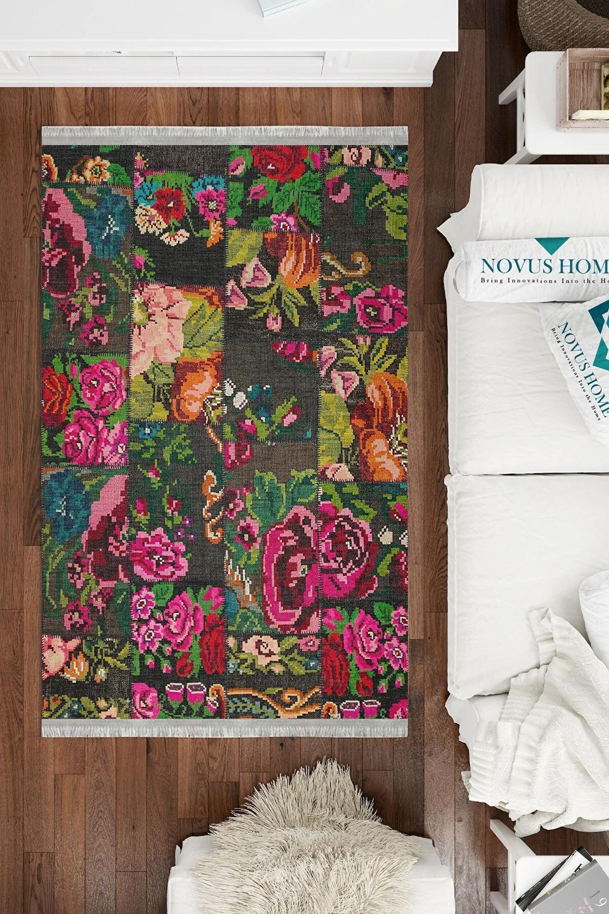 Novus Home Westa Serisi Çok Renkli 6 mm Pamuk Antibakteriyel-Toz Tutmaz-Yalıtıma Yardımcı Yıkanabilir İnce Kaymaz Taban Dikdörtgen Makine Dokuma Antre-Salon-Yatak Odası Halısı 100x200 cm