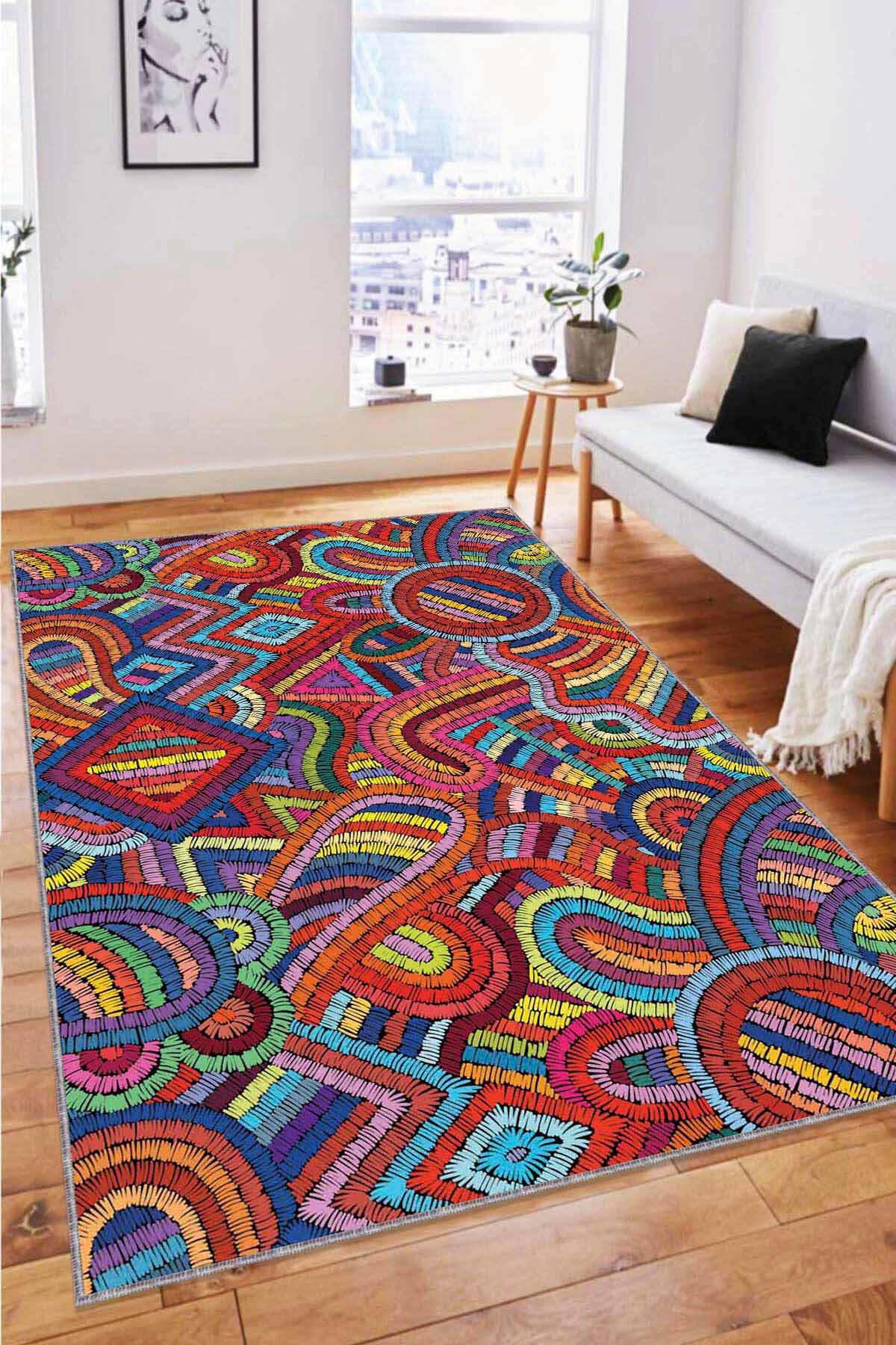 Viva Home RV251 Krem 7 mm Mikropolyester Leke Tutmaz Yıkanabilir Orta Kaymaz Dot Taban Dikdörtgen Makine Dokuma Oturma Odası Halısı 100x160 cm
